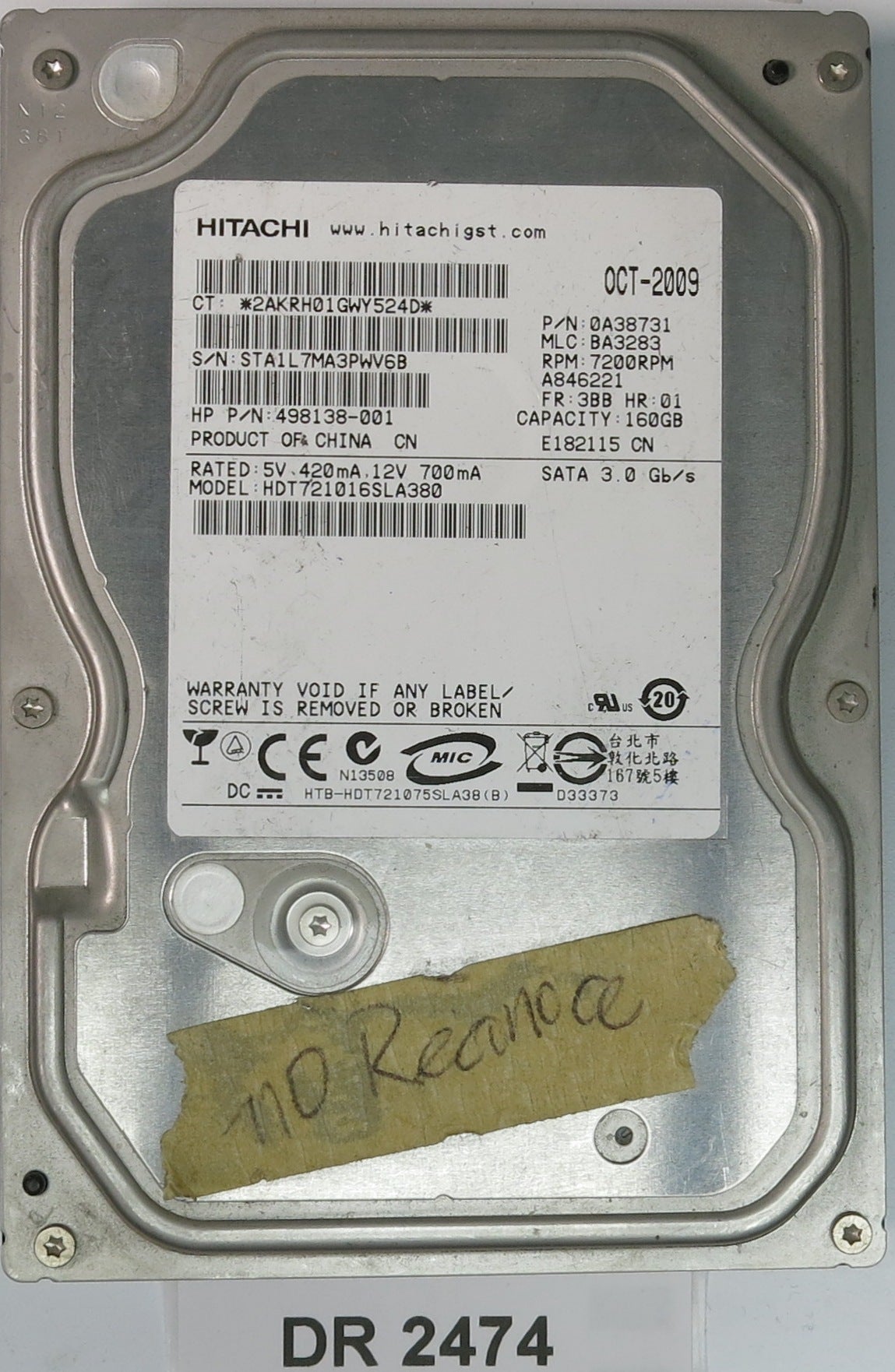 HDT721016SLA380, Serial Number: STA1L7MA3PWV6B, P/N: 0A38731, MLC: BA3283, 160GB 3.5