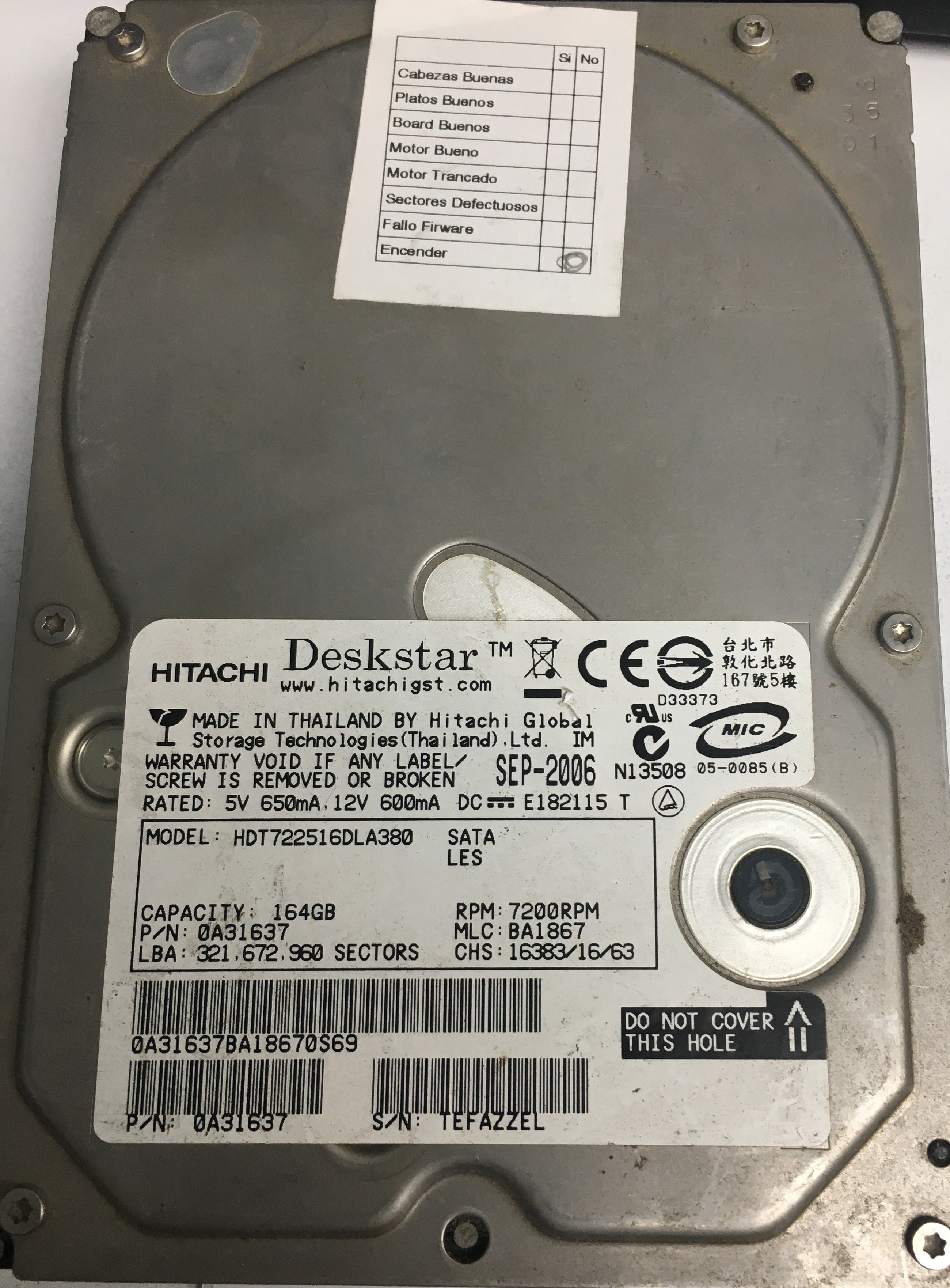 HDT722516DLA380, Serial Number: TEFAZZEL, P/N: 0A31637, MLC: BA1867, 164GB 3.5, PCB: F 0A30363 01