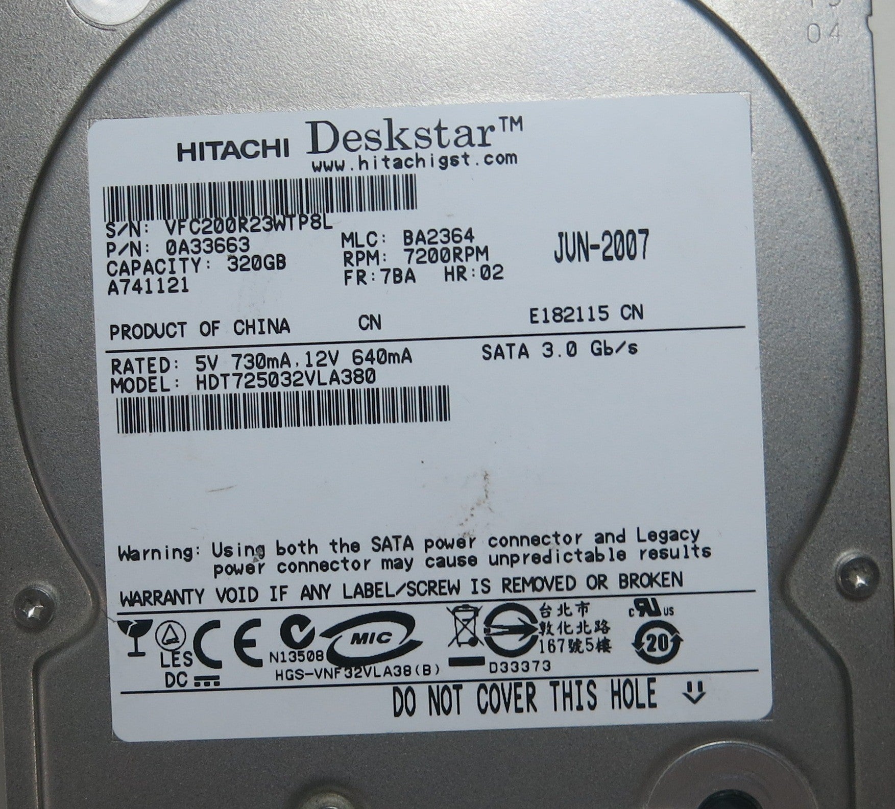 HDT725032VLA380, PN 0A33663, MLC  BA2364, F 0A29531 01 PCB