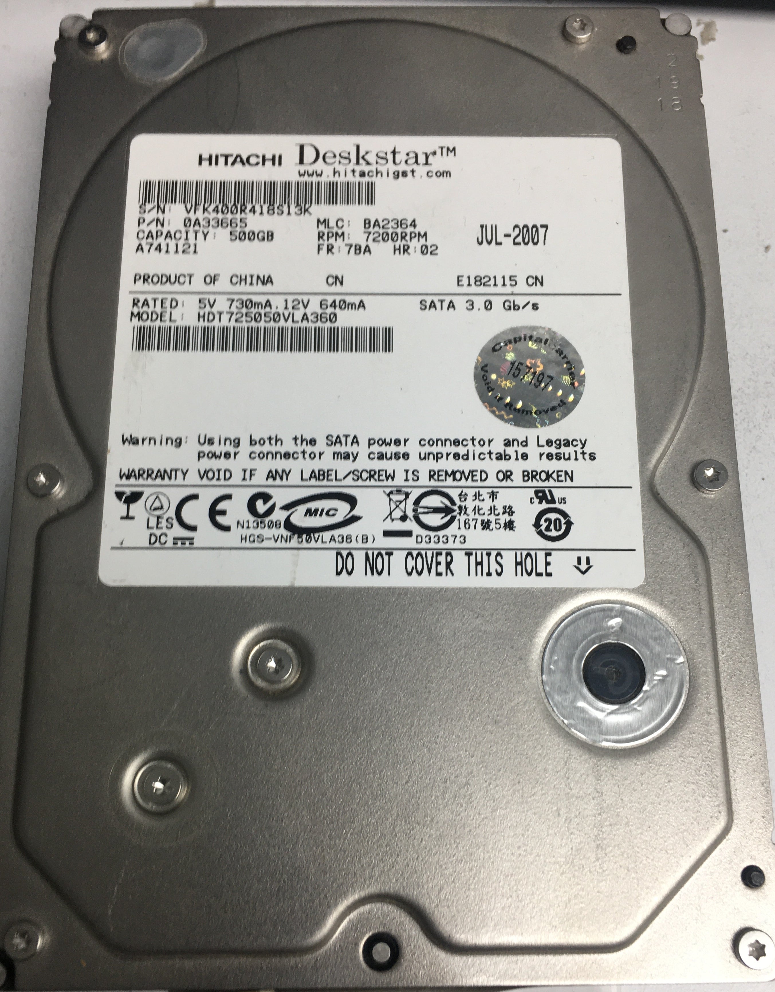 HDT725050VLA360, Serial Number: VFK400R418S13K, P/N: 0A33665, MLC: BA2364, 500GB 3.5, PCB: F 0A29531 01