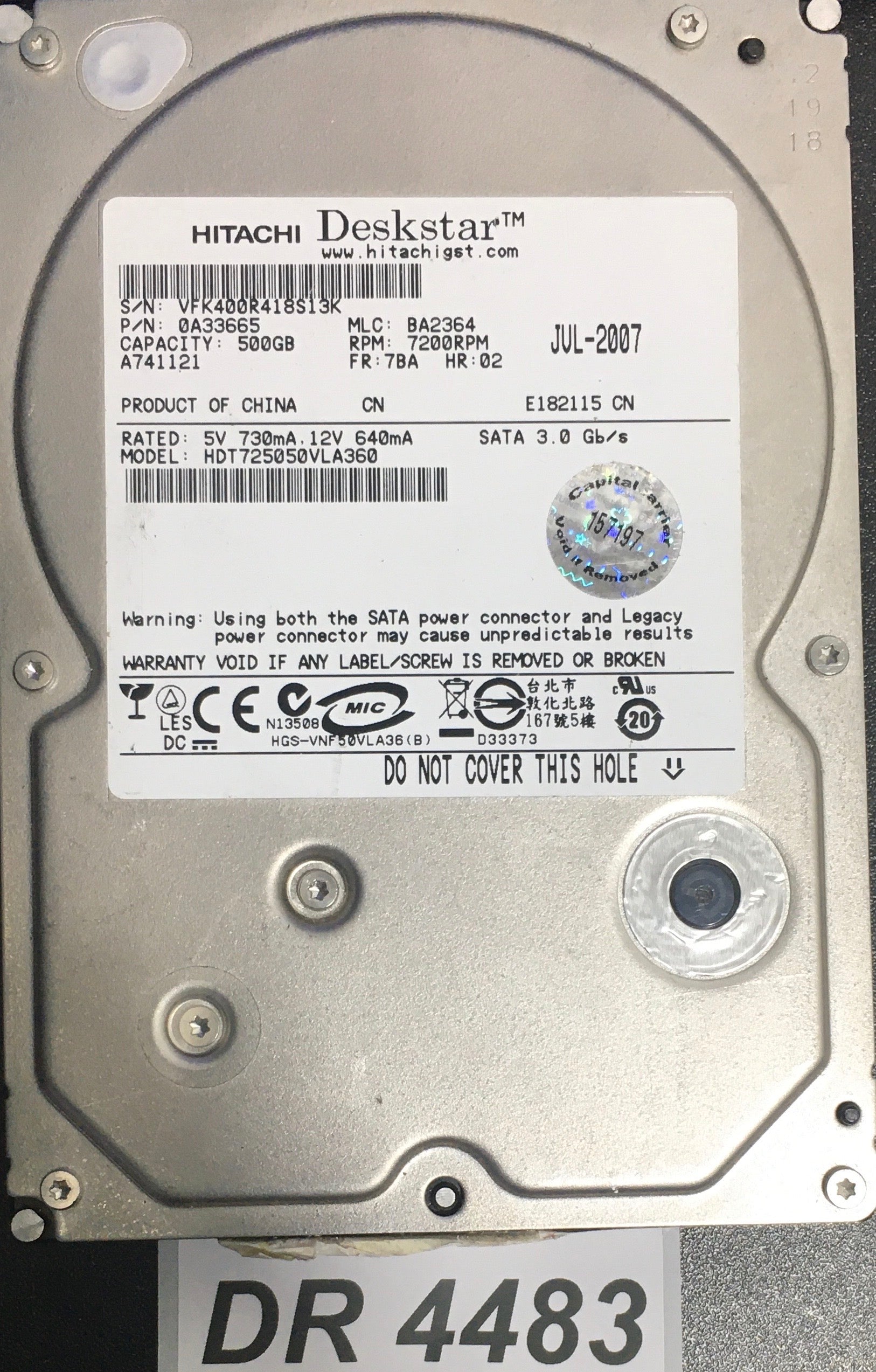 HDT725050VLA360 Serial:VFK400R418S13K  P/N:0A33665  500GB 3.5  PCB: F 0A29531 01 REV A
