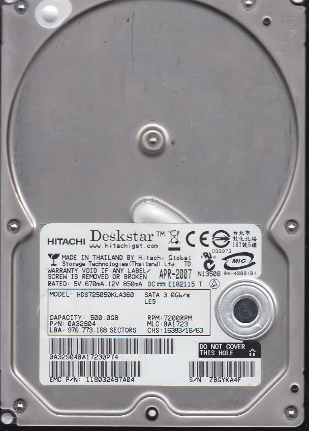 HDS725050KLA360,Serial:ZBGYKA4F,3GB 3.5