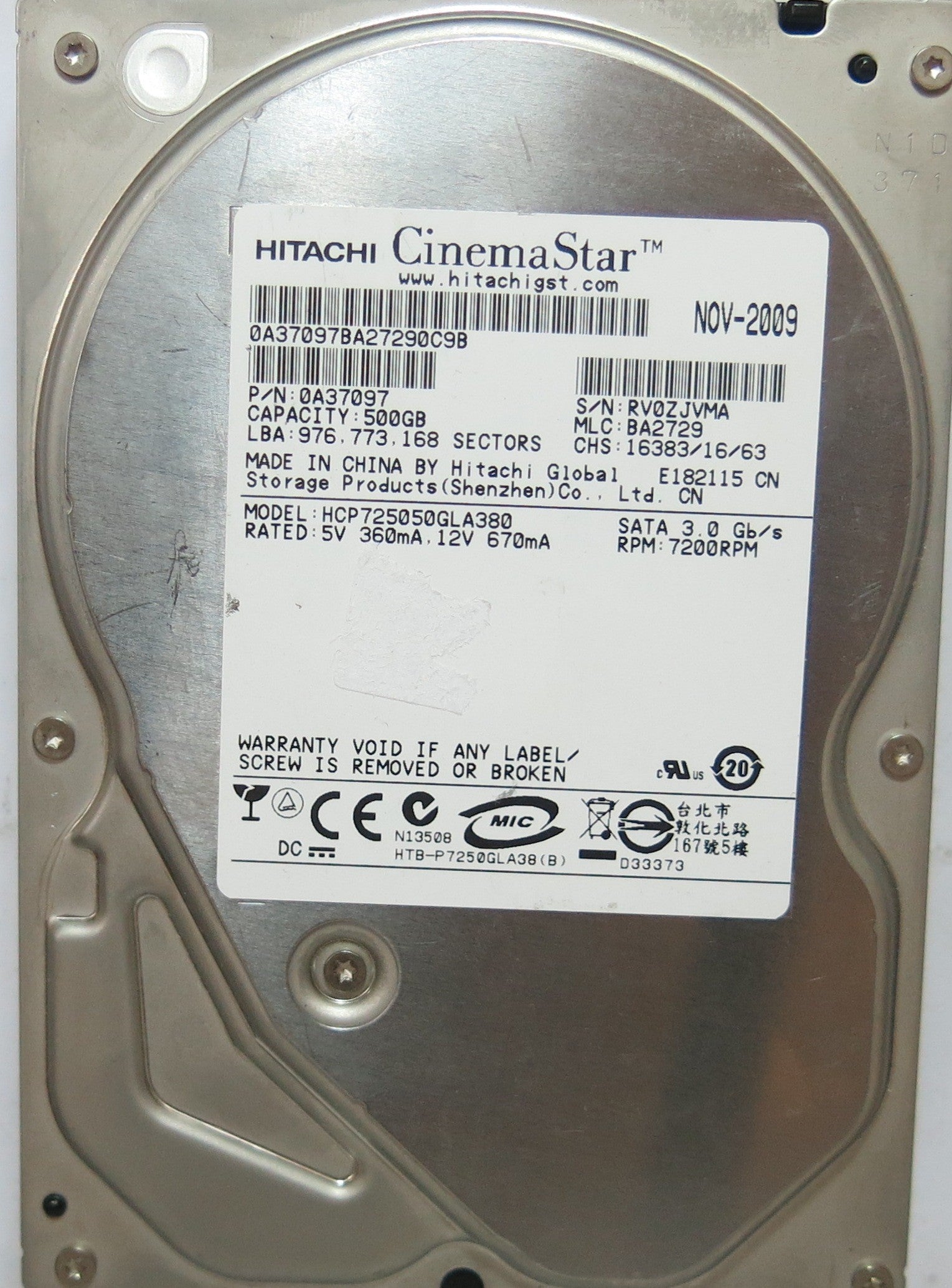 HCP725050GLA380 PCB: 110 0A90026 01 SERIAL: RV0ZJVMA MLC: BA2729 PN 0A37097  FW BA2729  500,GB