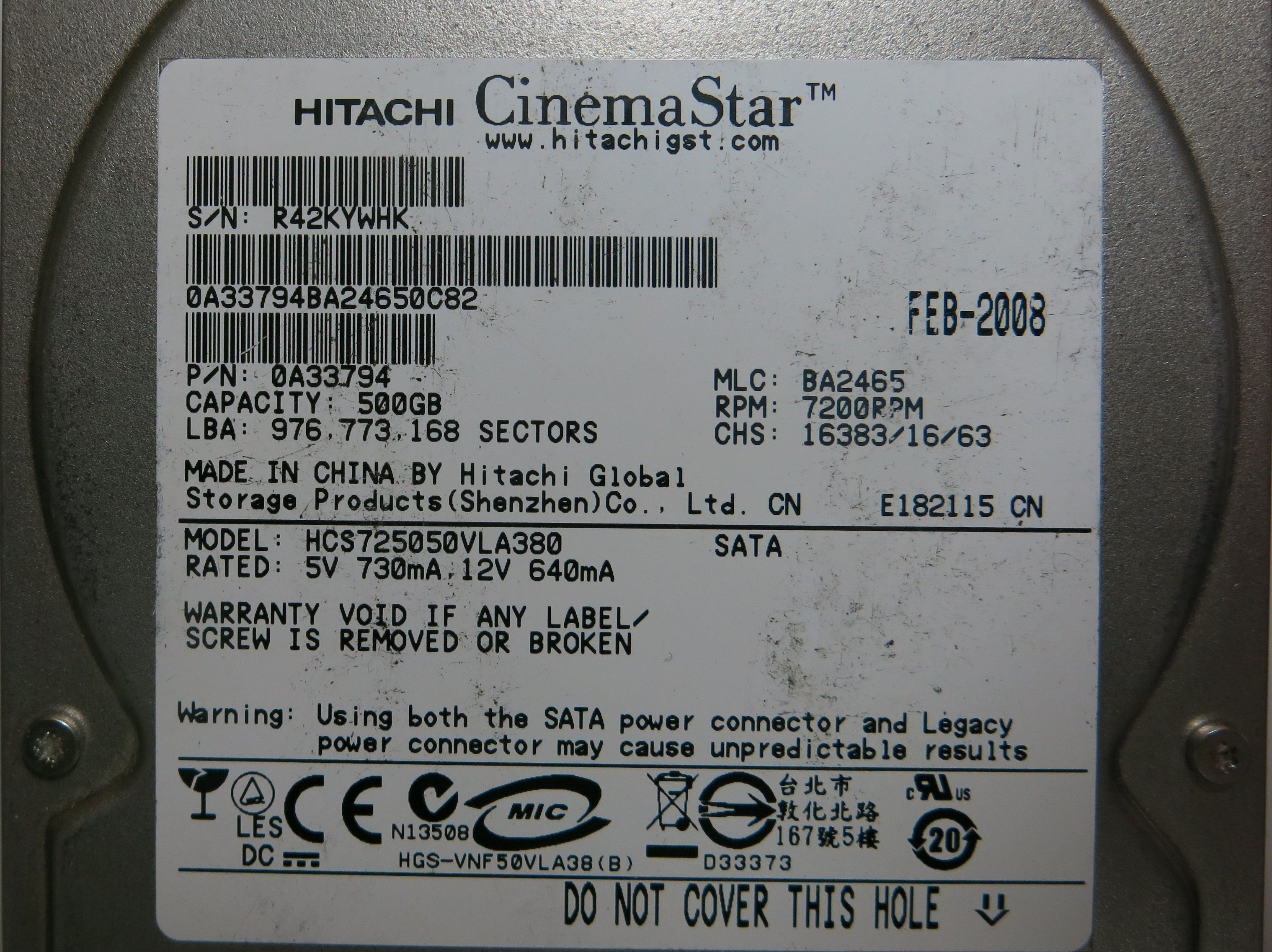 HITACHI HCS725050VLA380 BA2465 F 0A29531 01 PCB