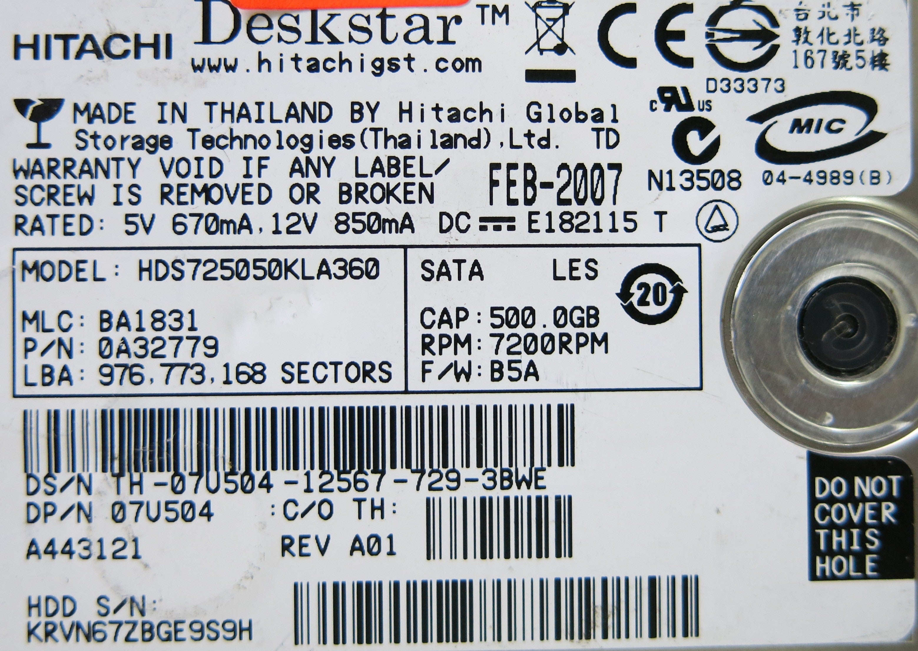 HITACHI HD725050KLA360 0A31169 01 PCB