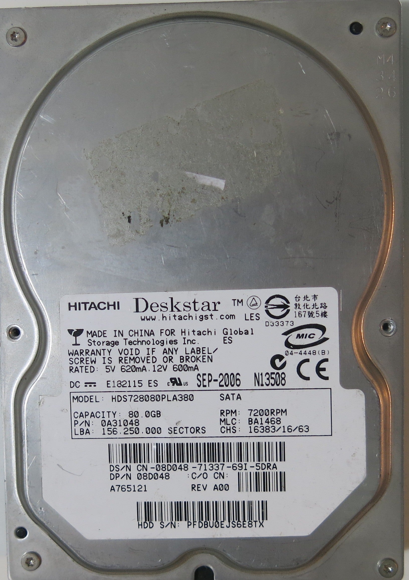 HD728080PLAT380 PCB: F 0A30363 01 SERIAL NUMBER: PFDBU0EJS6E8TX PN:0A31048 80.GB