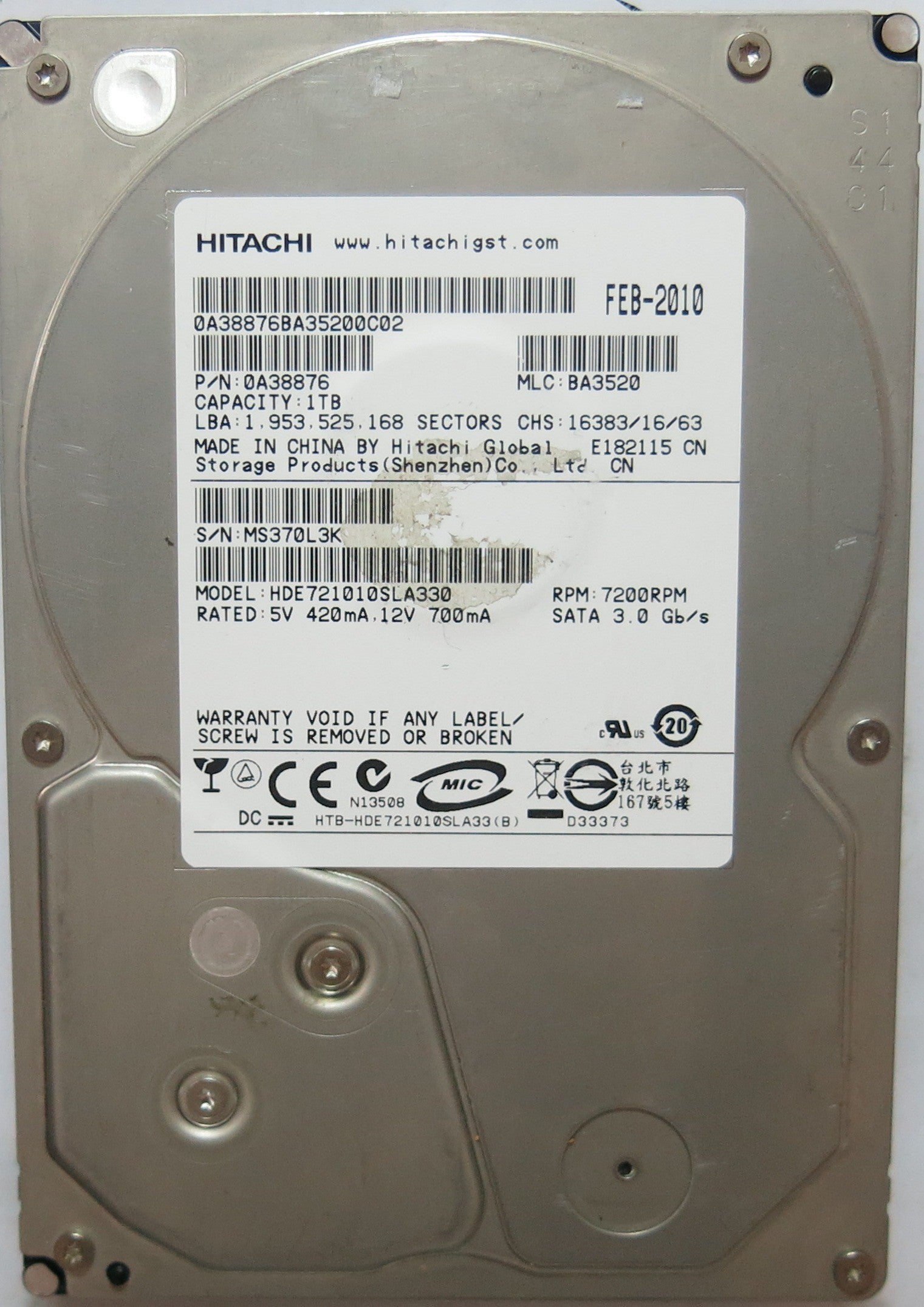HDE721010SLA330 PCB: 110 0A90156 0A SERIAL: MS370L3K MLC: BA3520 PN 0A38876  FW BA3520  1,0TB