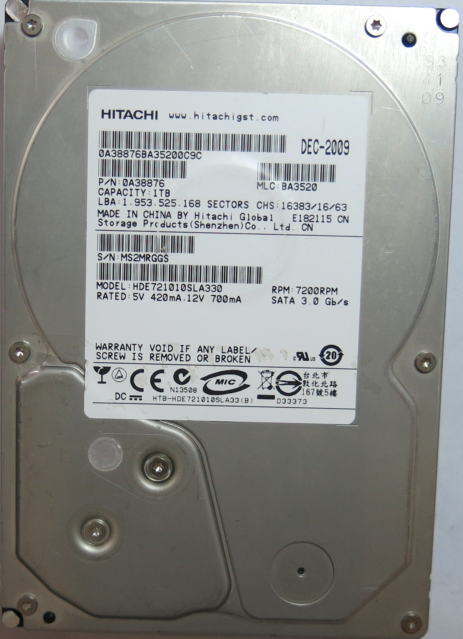 HDE721010SLA330   PCB: 110 0A90156 0A  SERIAL MS2MRGGS  PN 0A38876  FW BA3520  1,TB