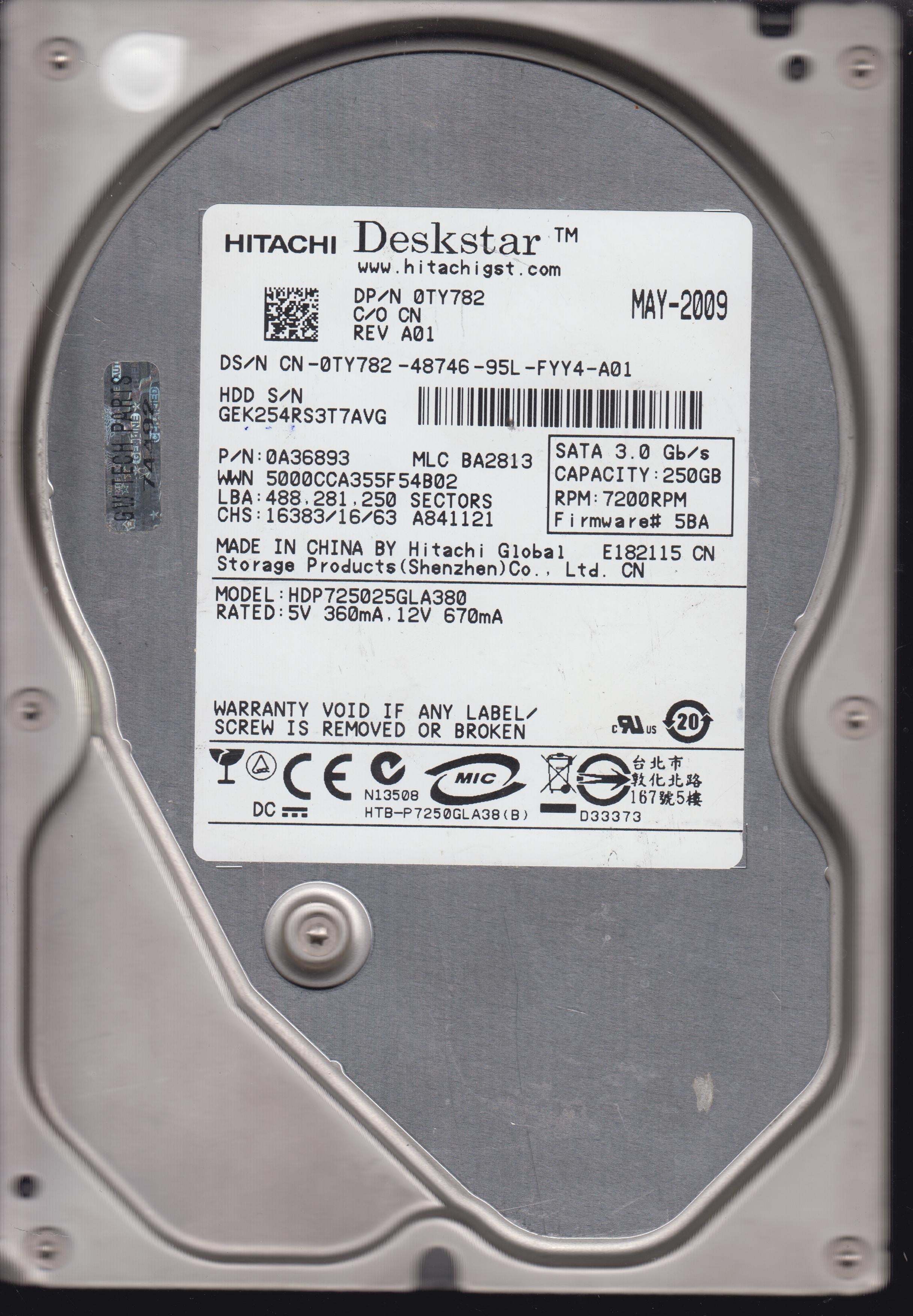 HDP725025GLA380,Serial:GEK254RS3T7AVG ,250GB 3.5