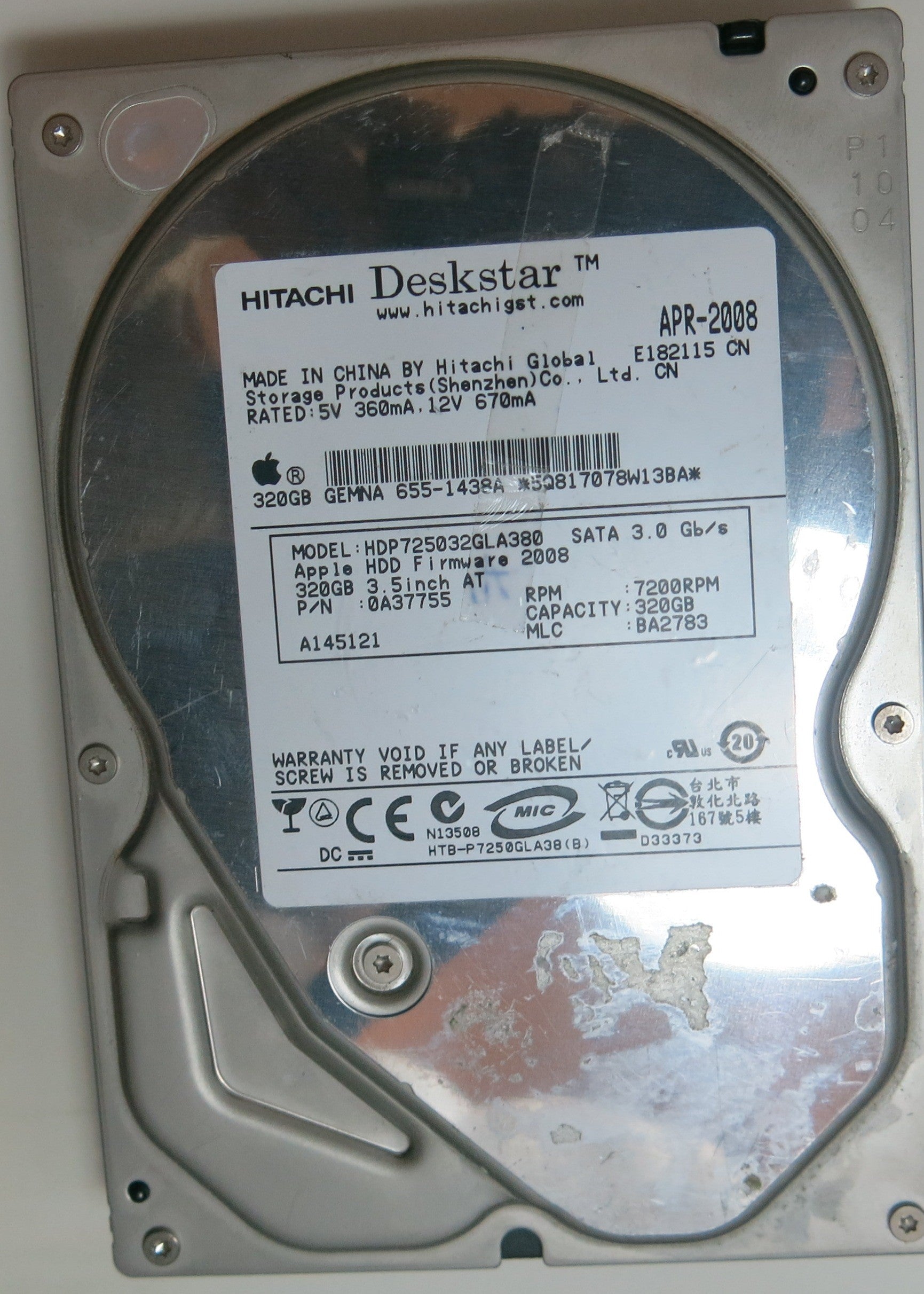 HDP725032GLA380 PCB: 110 0A90026 01 SERIAL NUMBER: RC1AAR3C PN 0A37755 FW BA2783 320 GB