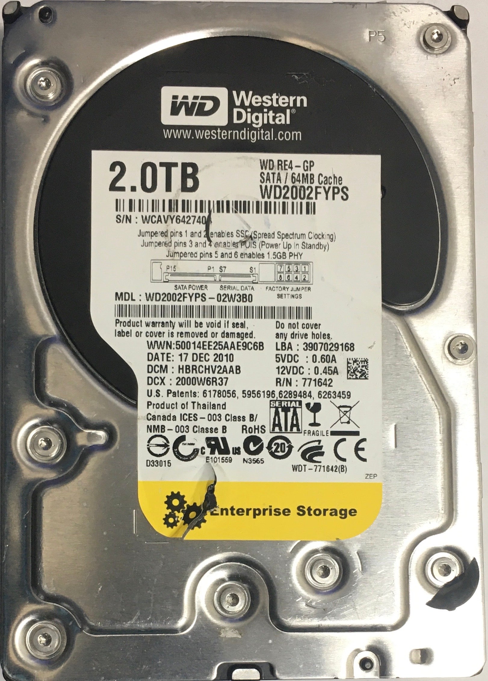 WD2002FYPS-02W3B0 PCB:  2060-771642-003 Serial Number: WCAVY6427404 2.TB 3.5