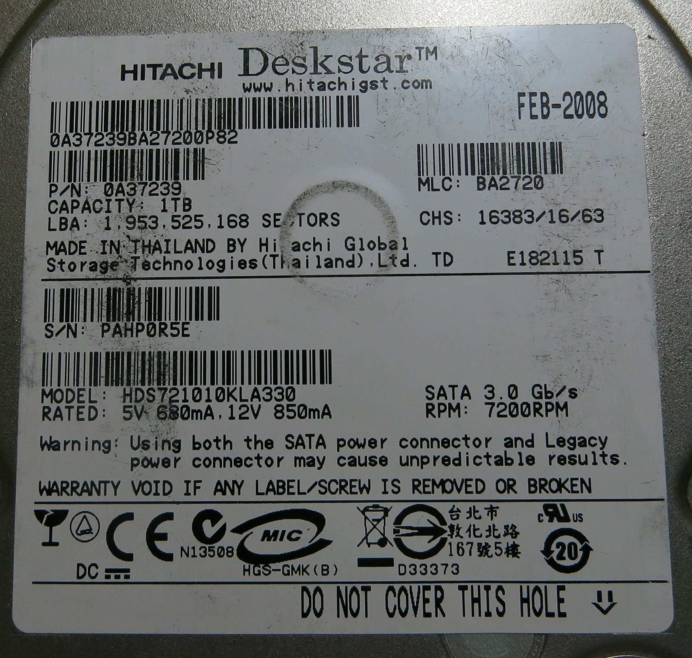 HITACHI HDS721010KLA330 BA2720 110 0A29636 01 PCB
