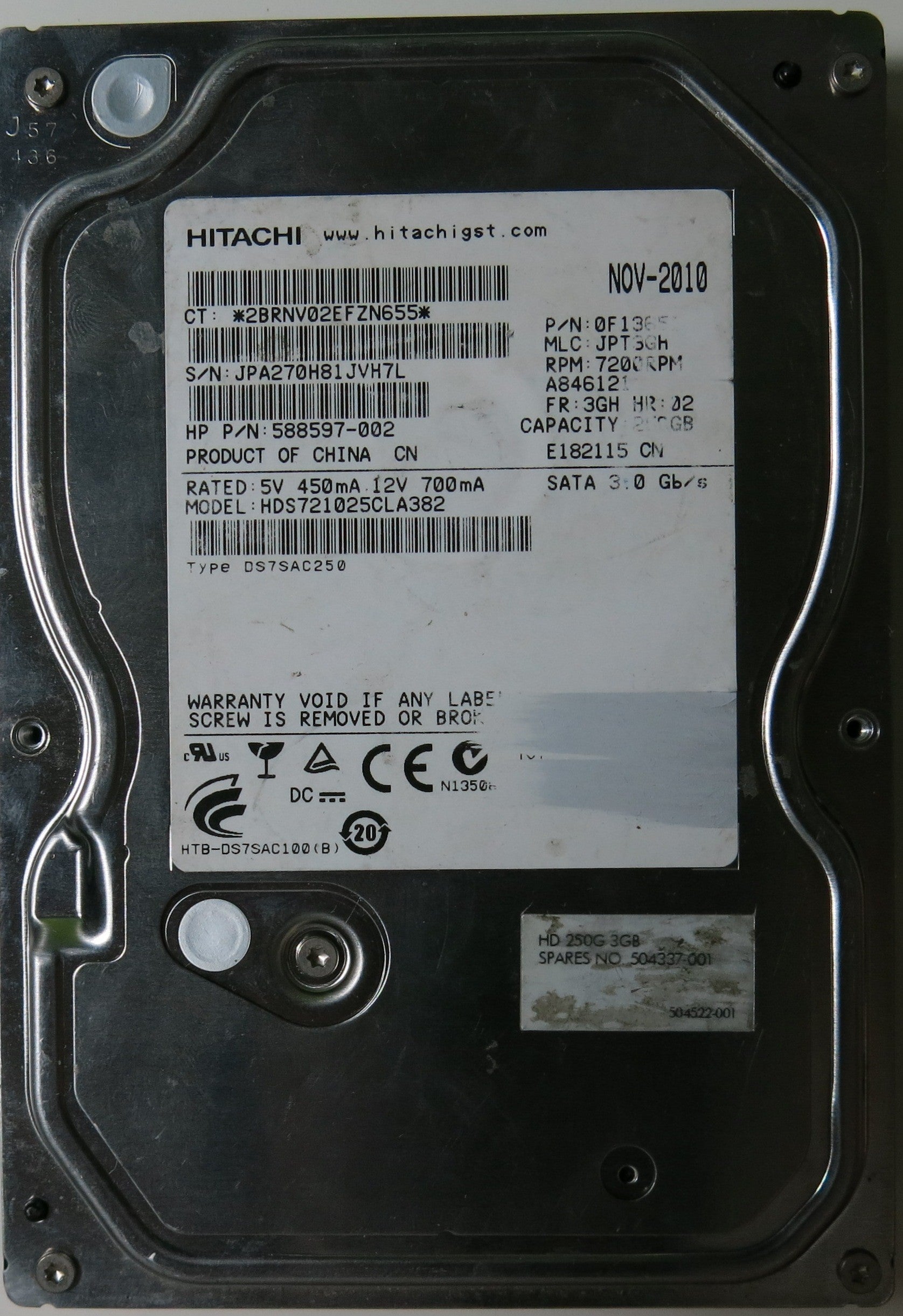HDS721025CLA382,  P/N:588597-002,  MLC:JPT3GH,  Serial:JPA270H81JVH7L,  250GB 3.5 ,  PCB :110 0A90233 01- REV A