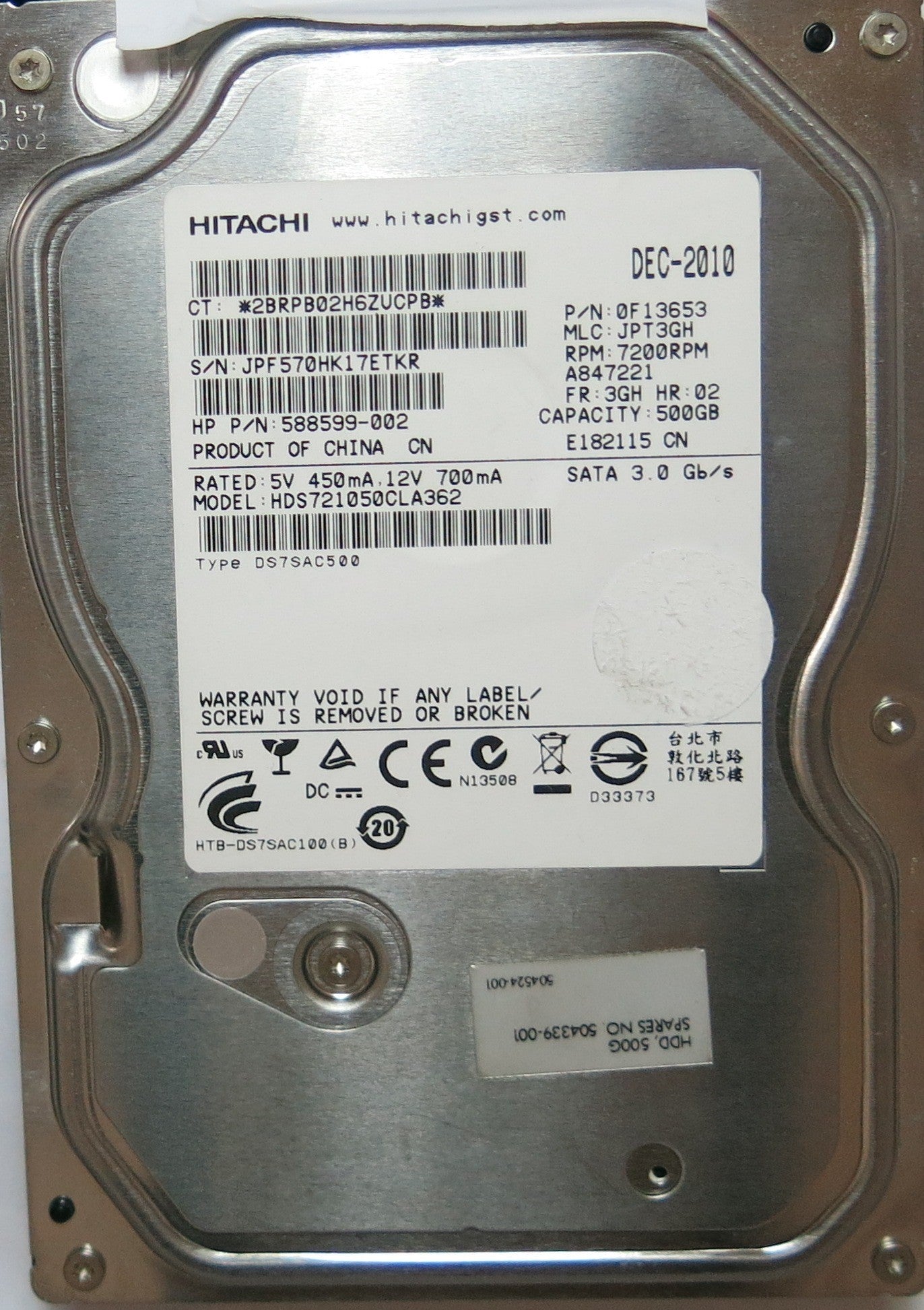 HITACHI HDS721050CLA362 PN FW JPT3HG 500,GB