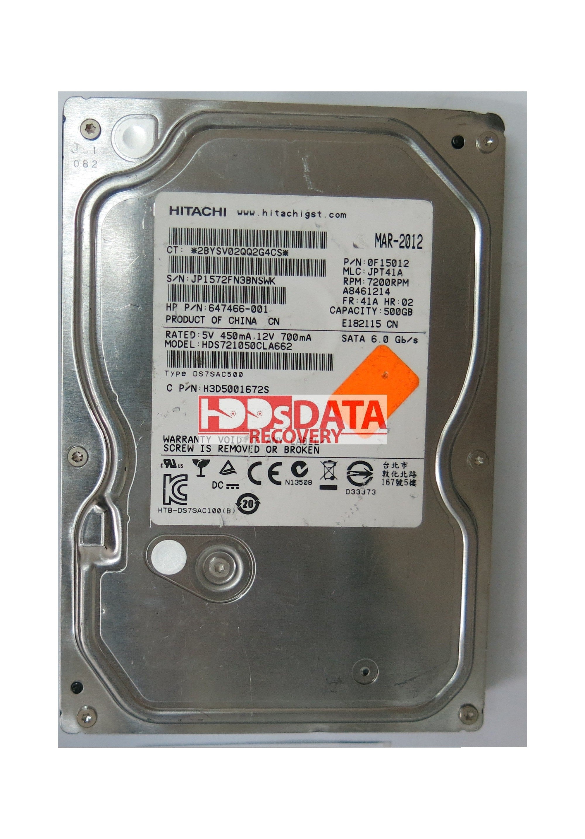 HDS721050CLA662,  P/N:647466-001,  MLC:JPT41A,  Serial:JP1572FN3BNSWK,  6GB 3.5,  PCB :110 0A90368 01- REV A,