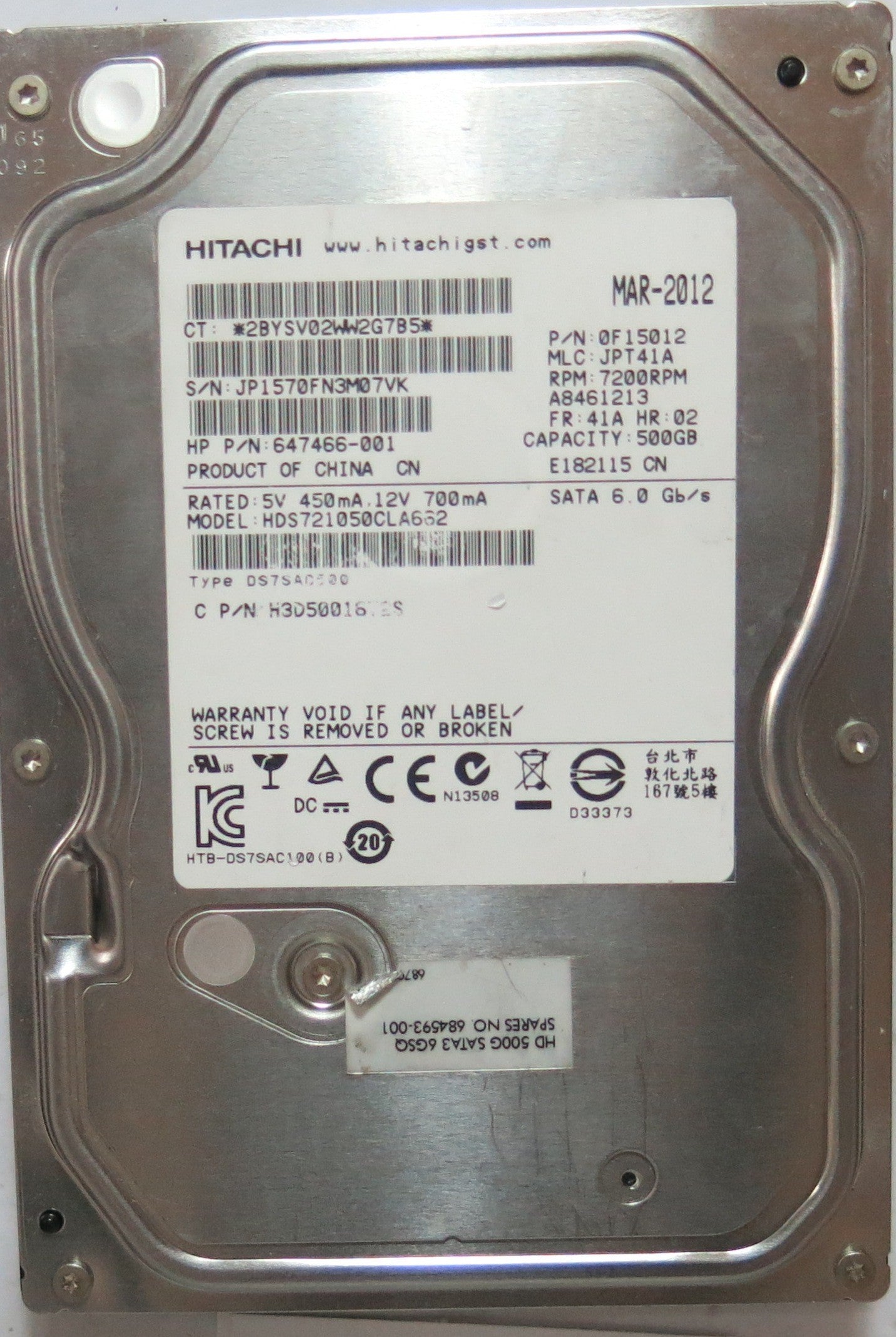 HDS721050CLA662 PCB: 110 0A90233 01 SERIAL: JP1570FN3M07VK MLC: JPT41A PN 647466'001  FW JPT41A  500,GB