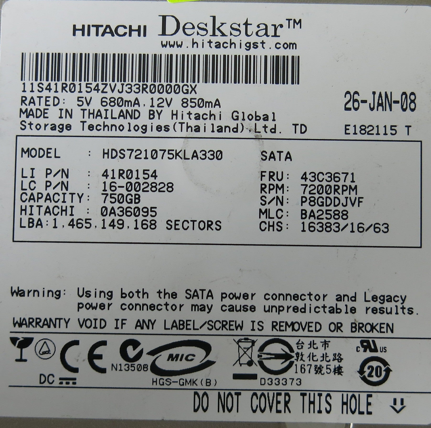 HITACHI HDS721075KLA330 41R0154 220 0A29636 01 PCB