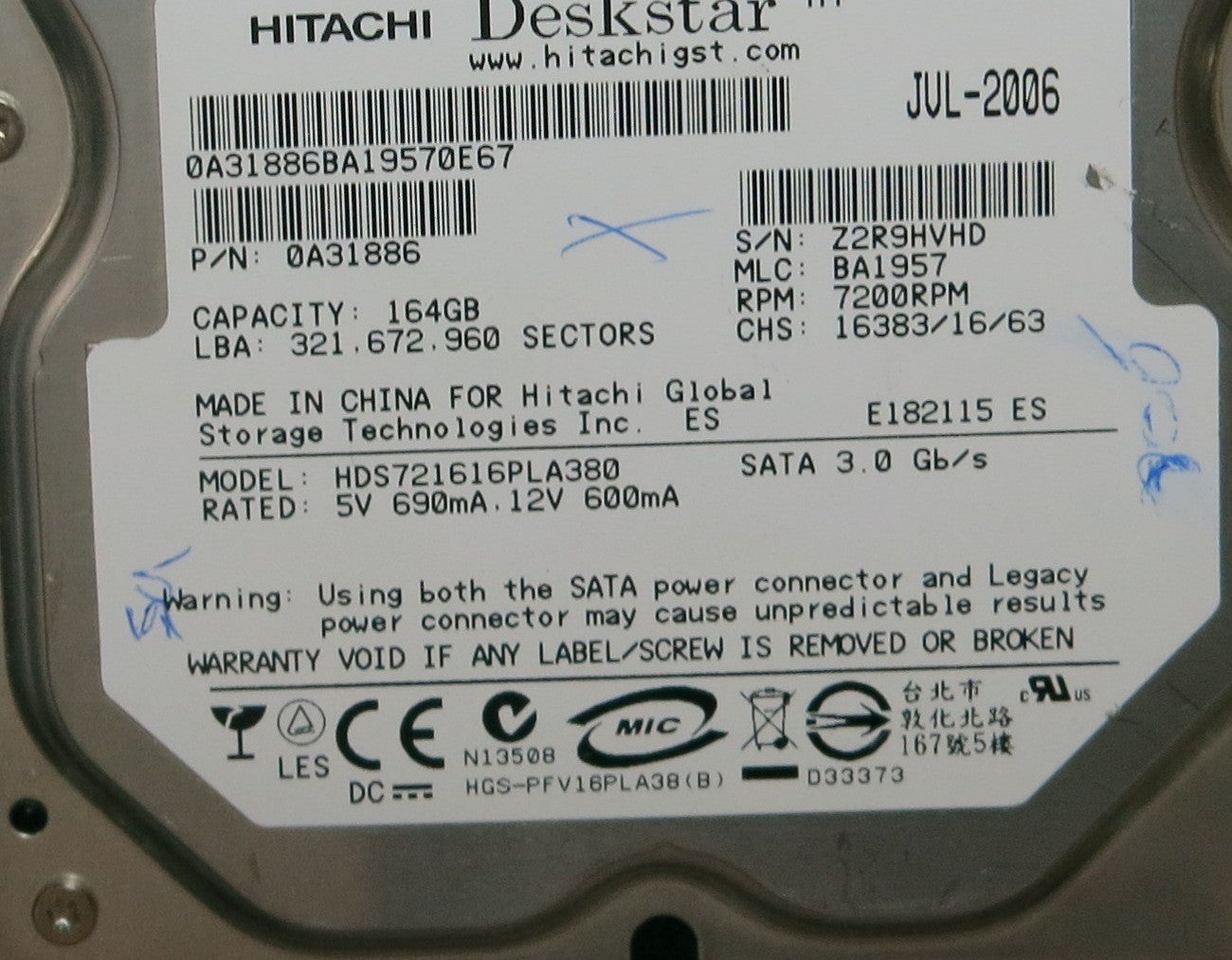 HITACHI HDS721616PLA380, PN 0A31886, MLC  F 0A29531 01,  PCB