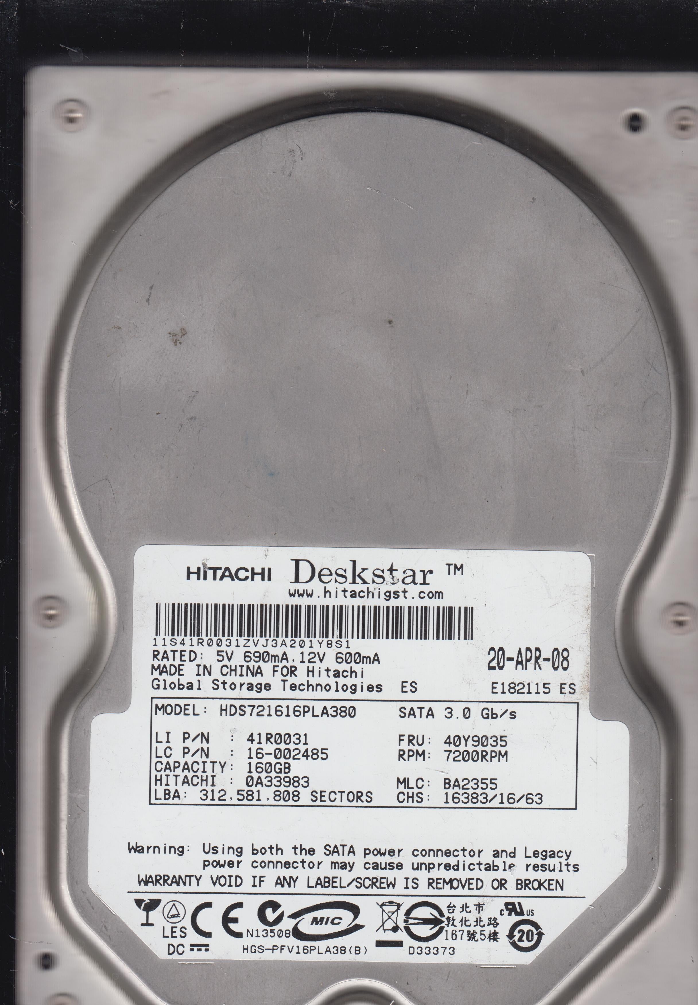 HDS721616PLA380,P/N:41R0031,160GB 3.5