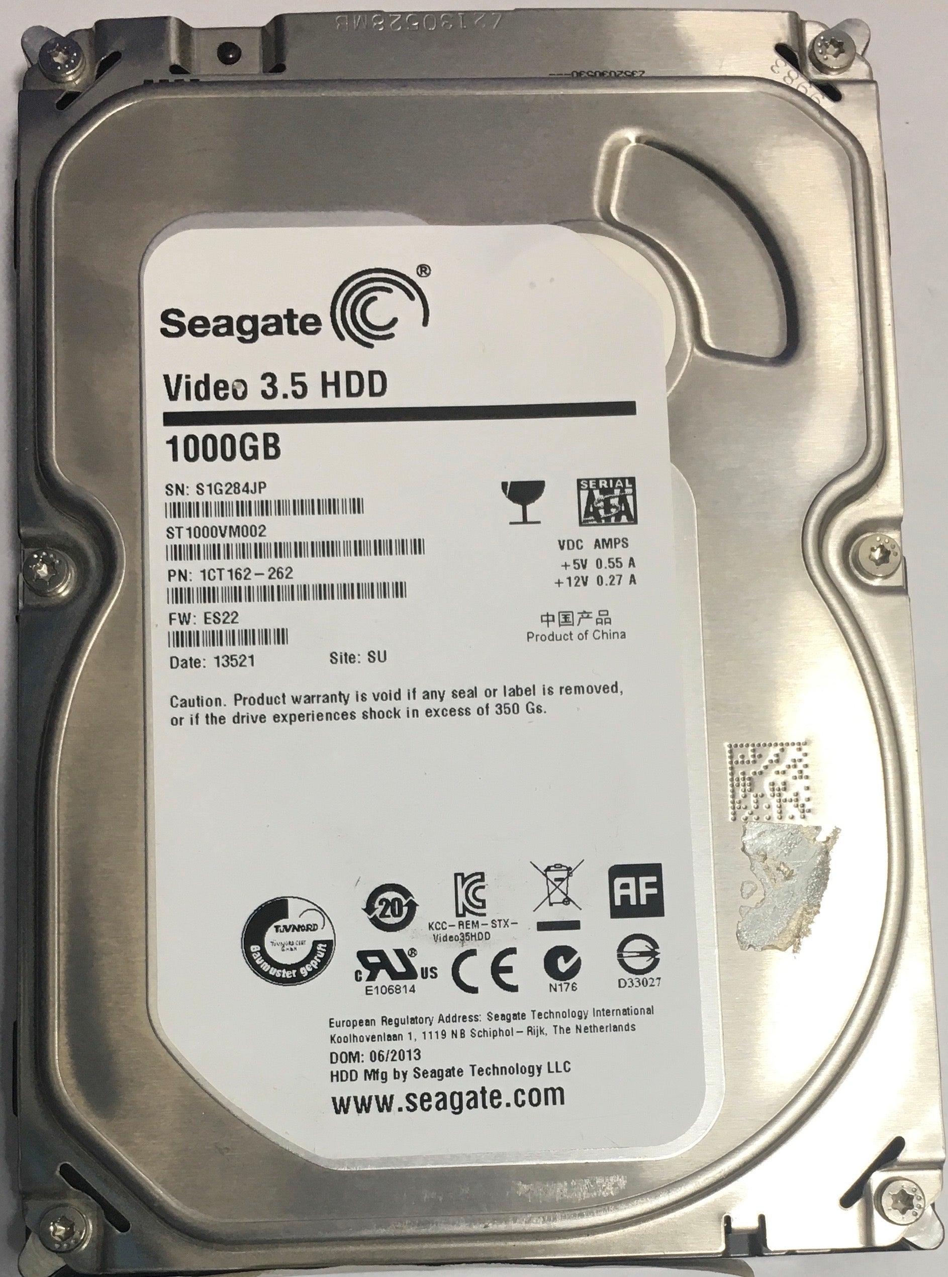ST1000VM002, PCB:  100687658 REV C, Serial Number: S1G284JP, FW: ES22,﻿ P/N  1CT162-262
