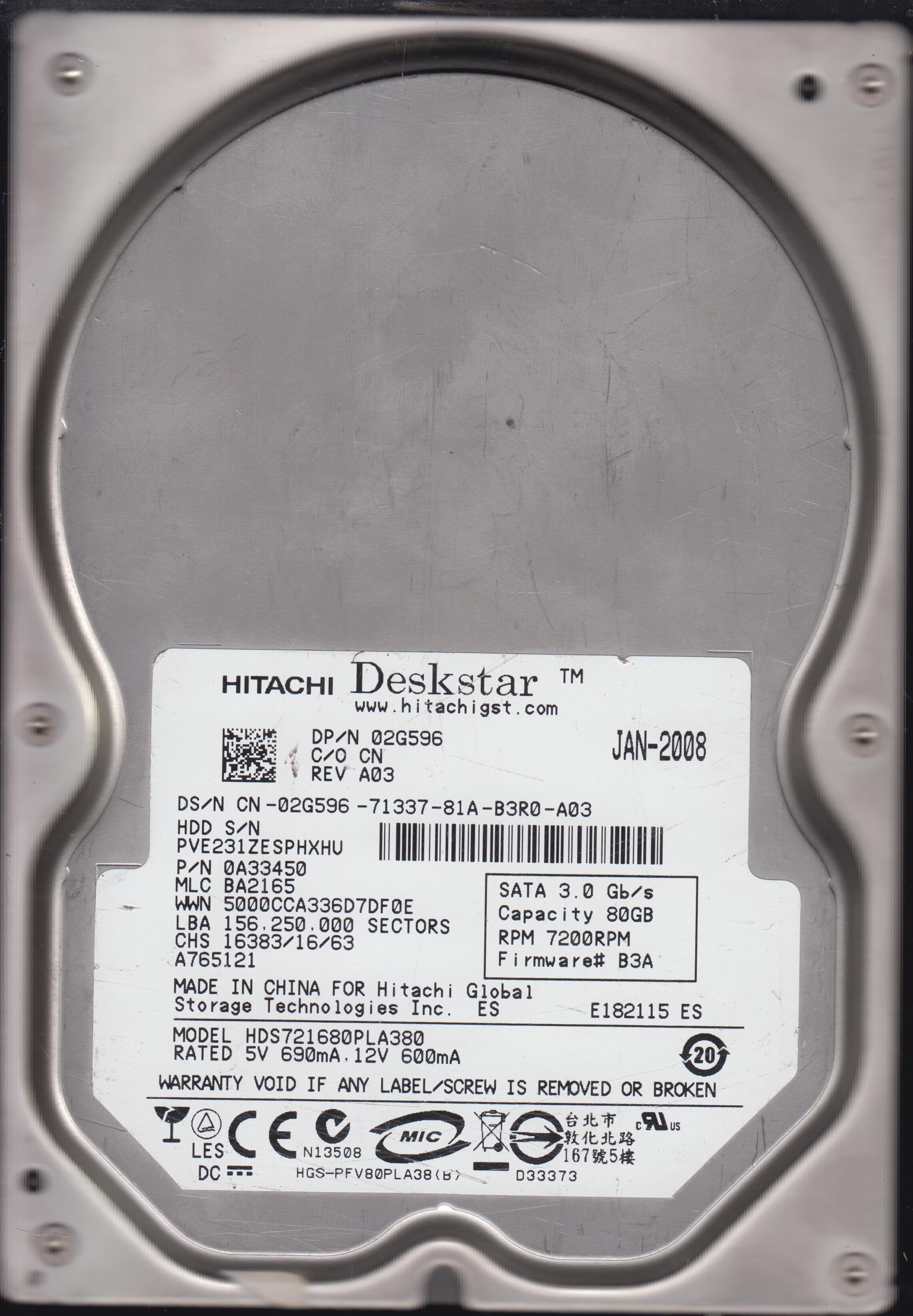 HDS721680PLA380, P/N 0A33450,80GB 3.5