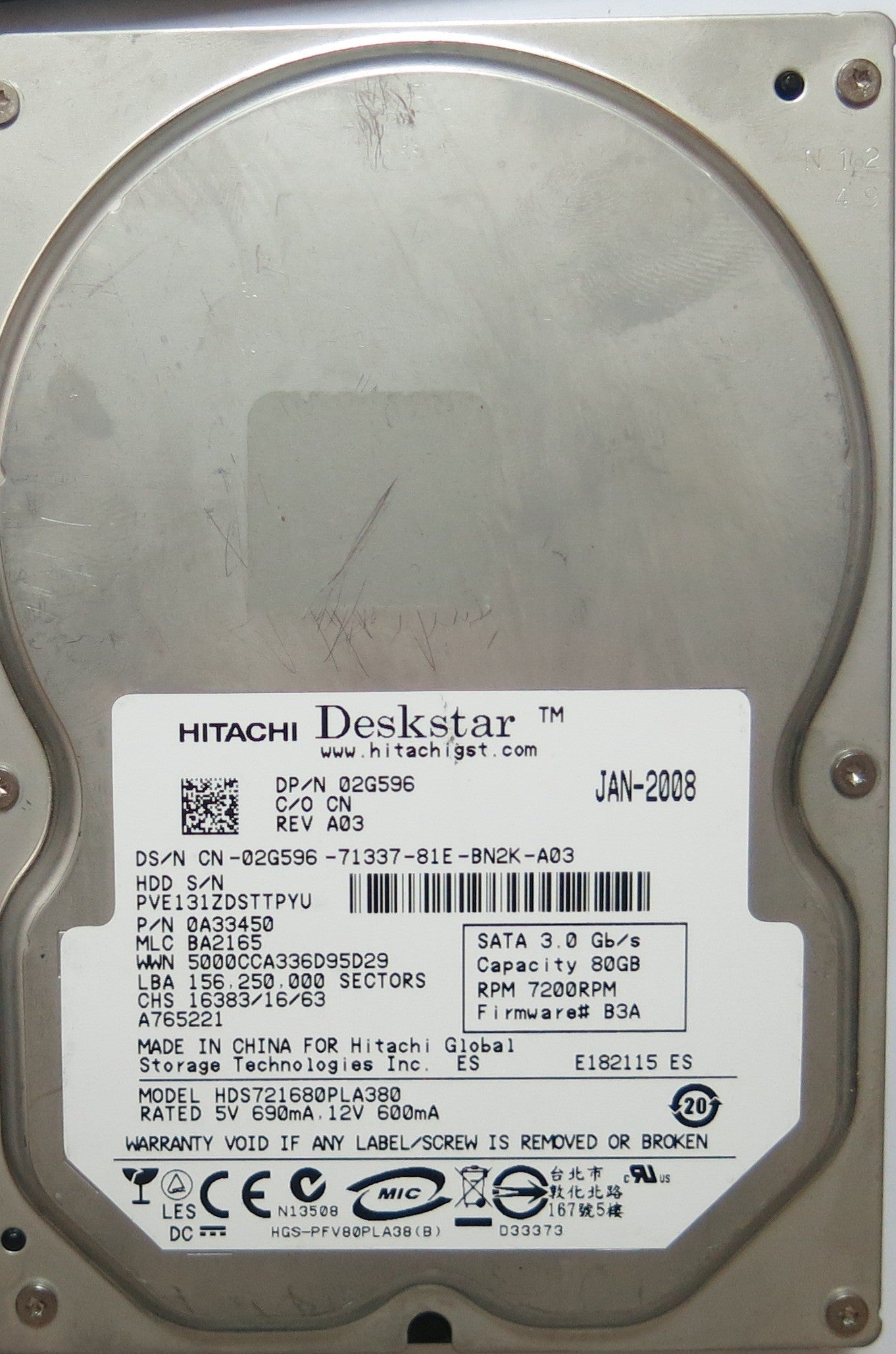 HDS721680PLA380 PCB: F 0A29531 01 SERIAL ZDSTTPYU MLC BA2165 PN 0A33450  FW BA2165  80,GB