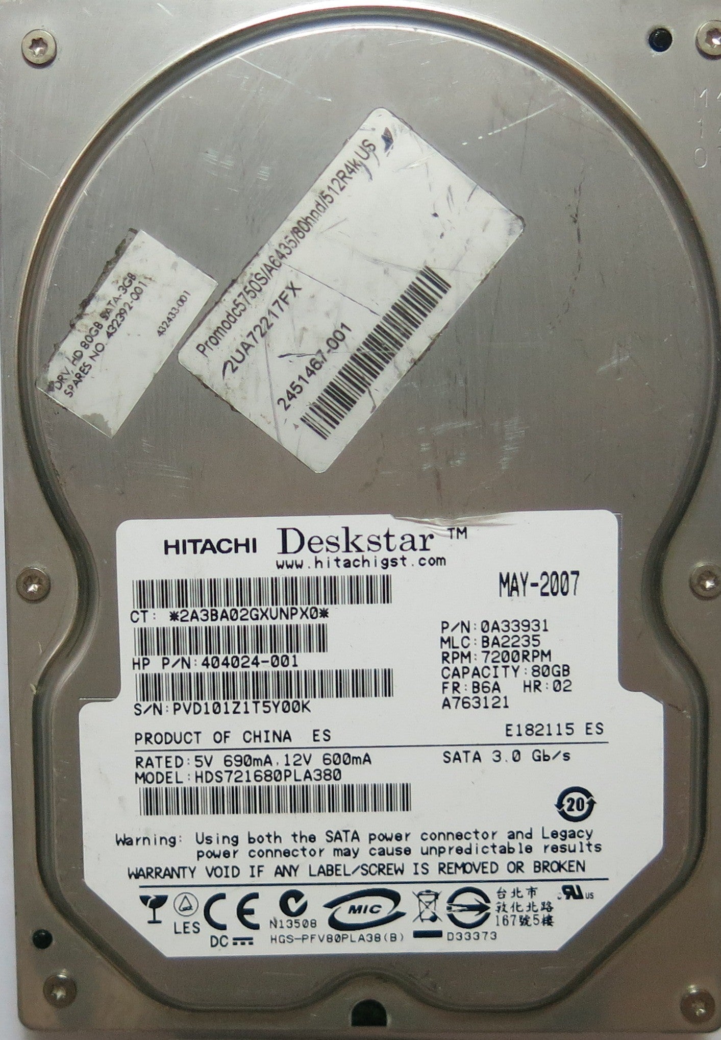 HDS721680PLA380 PCB: F 0A29531 01 SERIAL PVD101Z1T5Y00K DCM F 0A29531 01 PN 404024'001  FW BA2235  80,GB