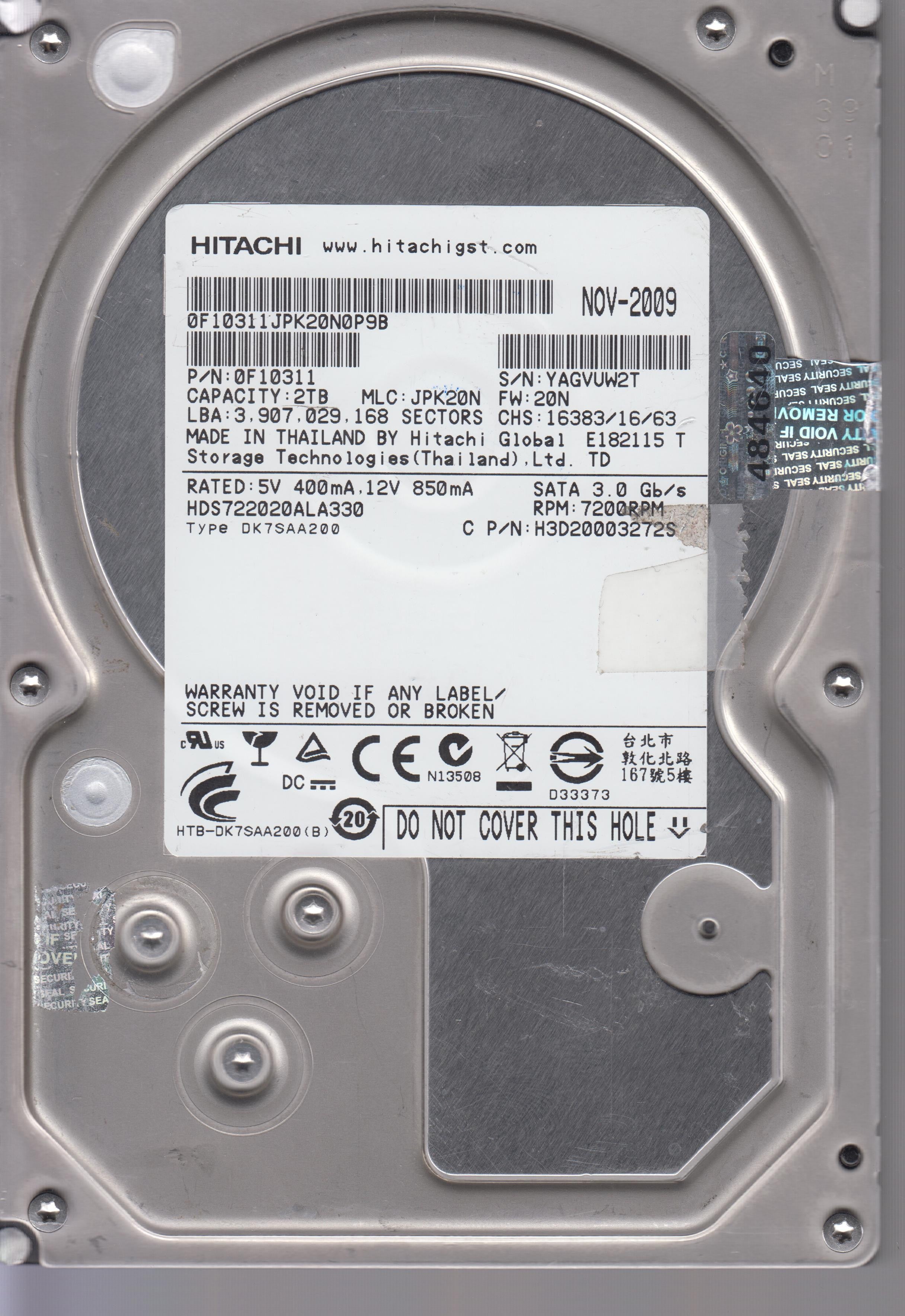 0F10311JPK20N09B, Serial:YAGVUW2T, 2TB 3.5