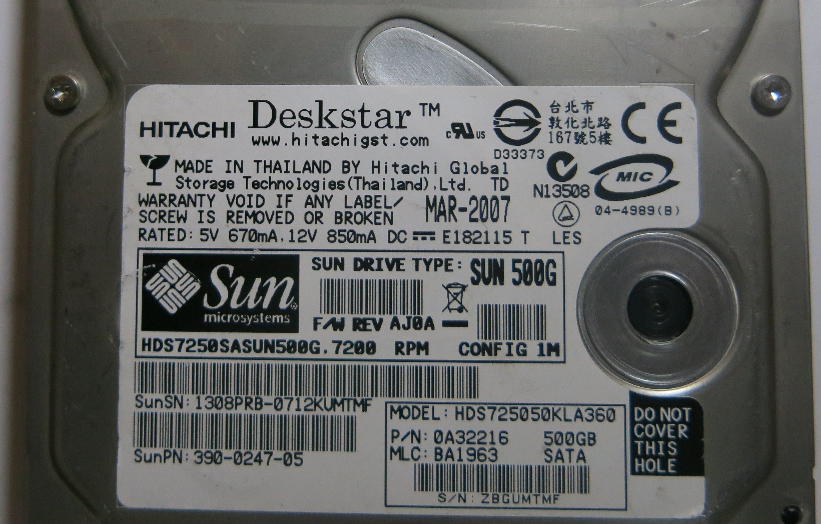 HITACHI HDS725050KLA360 BA1963 F 0A31169 01 PCB