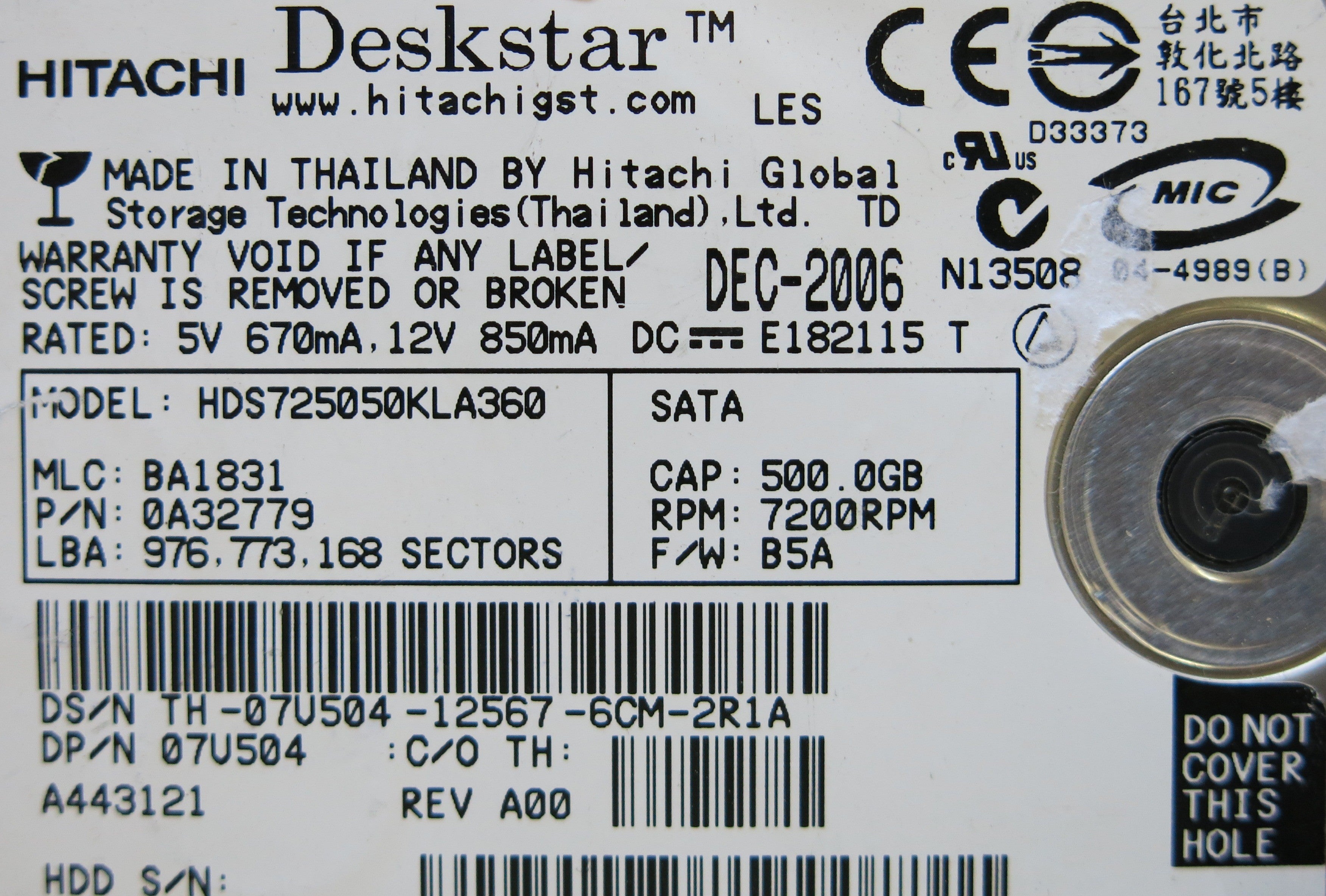 HITACHI HDS725050KLA360 F 0A31169 01 PCB