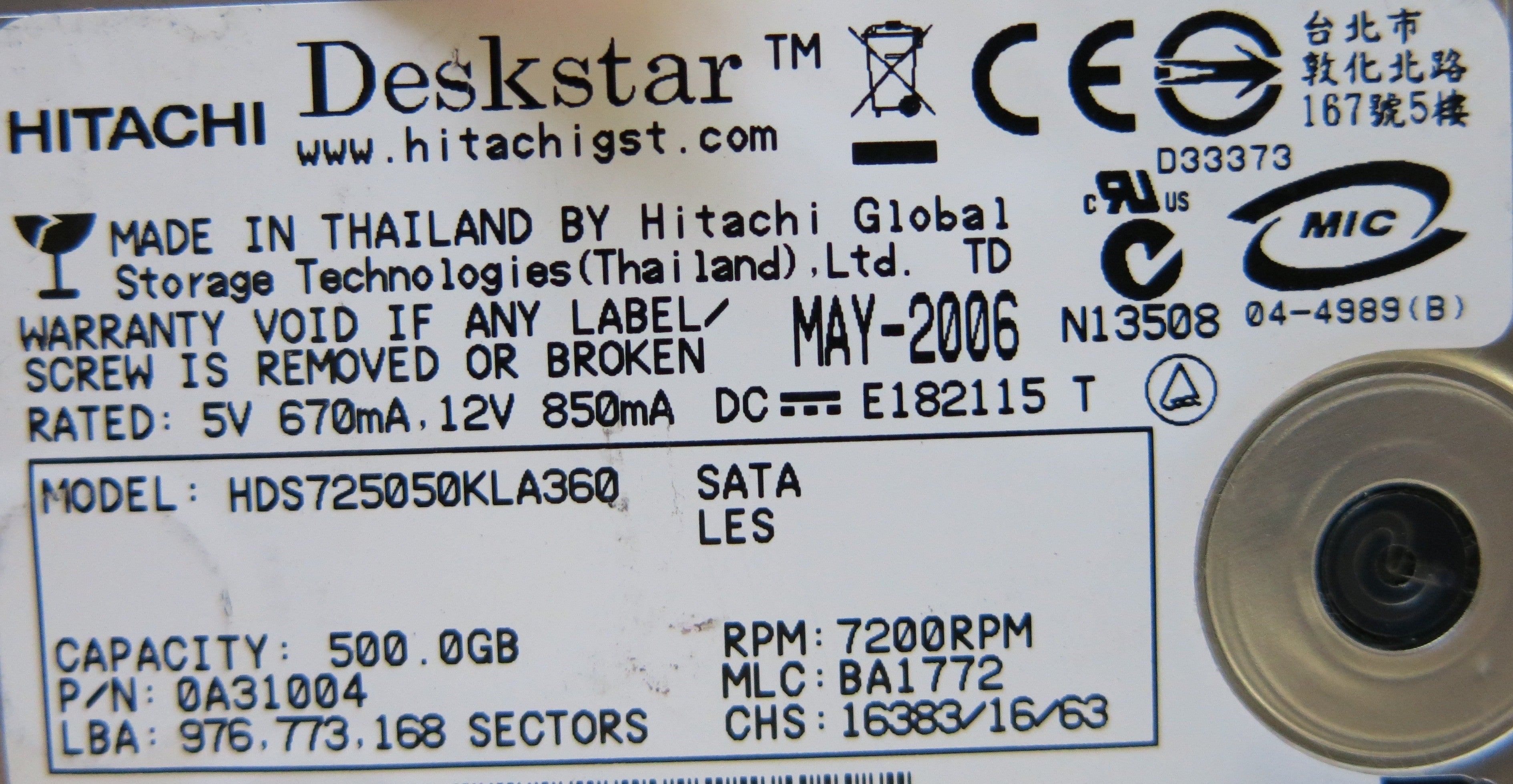HITACHI HDS725050KLA360 F 0A31169 01 PCB