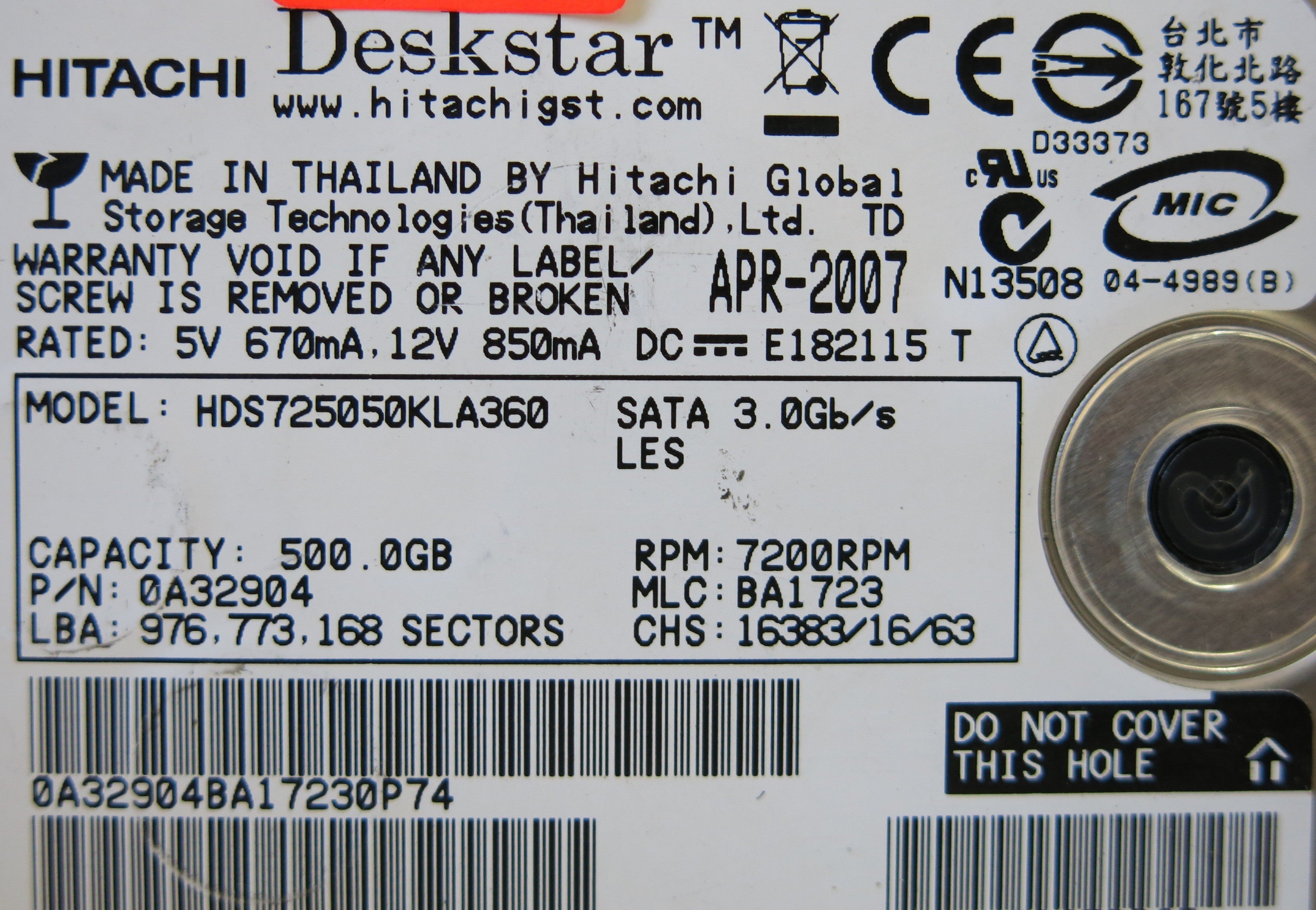 HITACHI HDS725050KLA360 F 0A31169 01 PCB