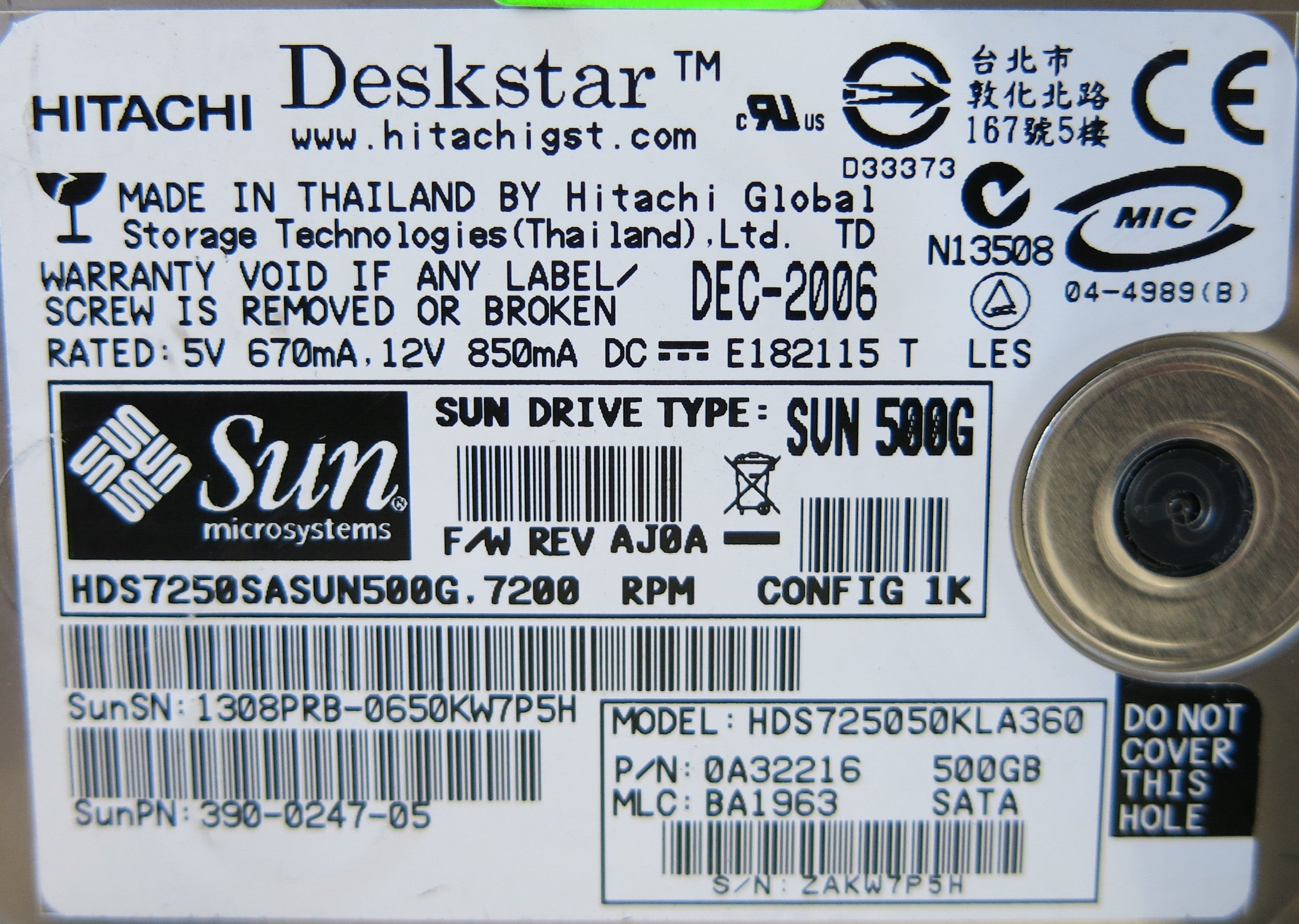 HITACHI HDS725050KLA360 P/N 0A32216  F 0A31169 01 PCB