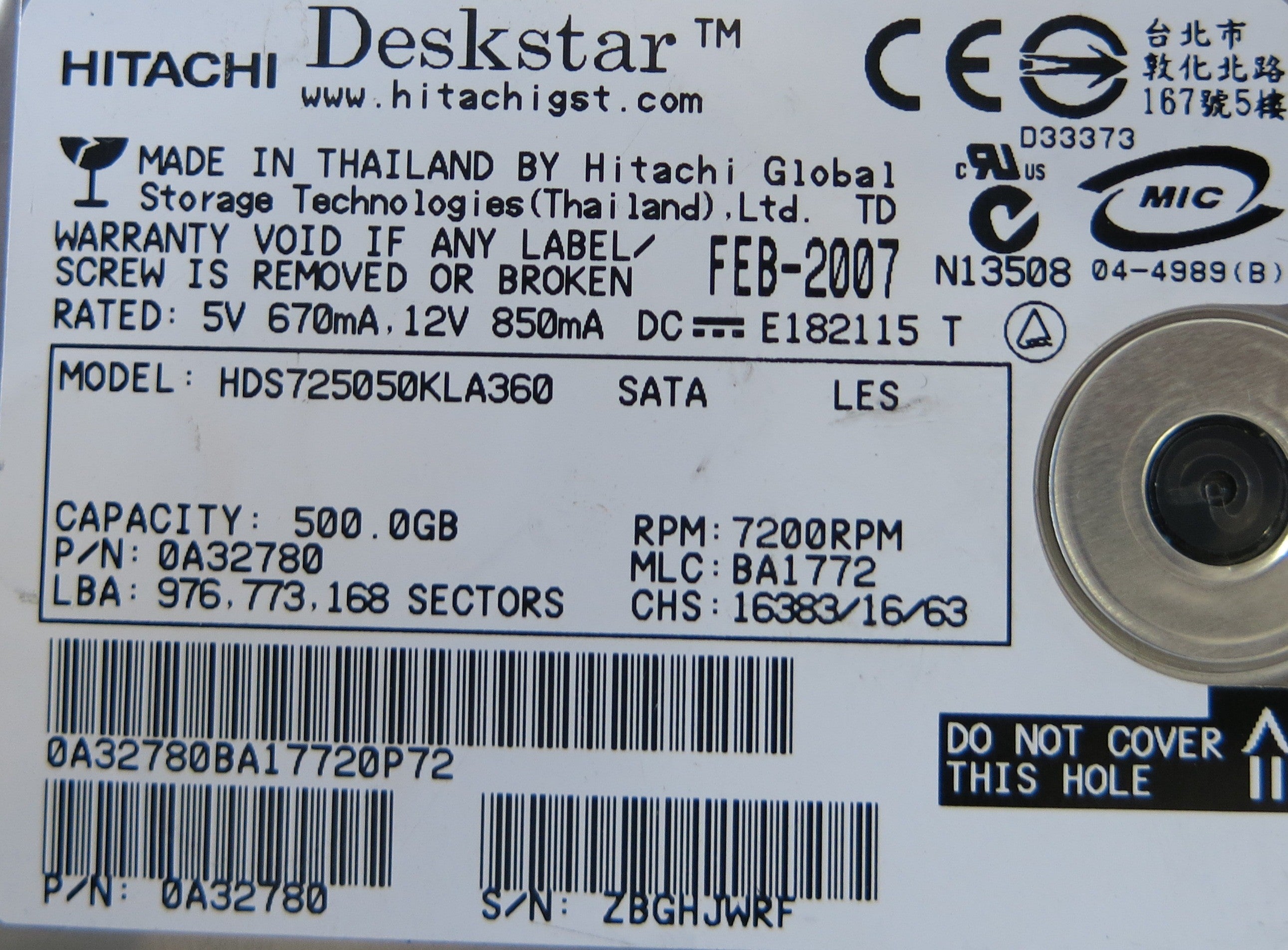 HITACHI HDS725050KLA360 P/N 0A32780 F 0A31169 01 PCB
