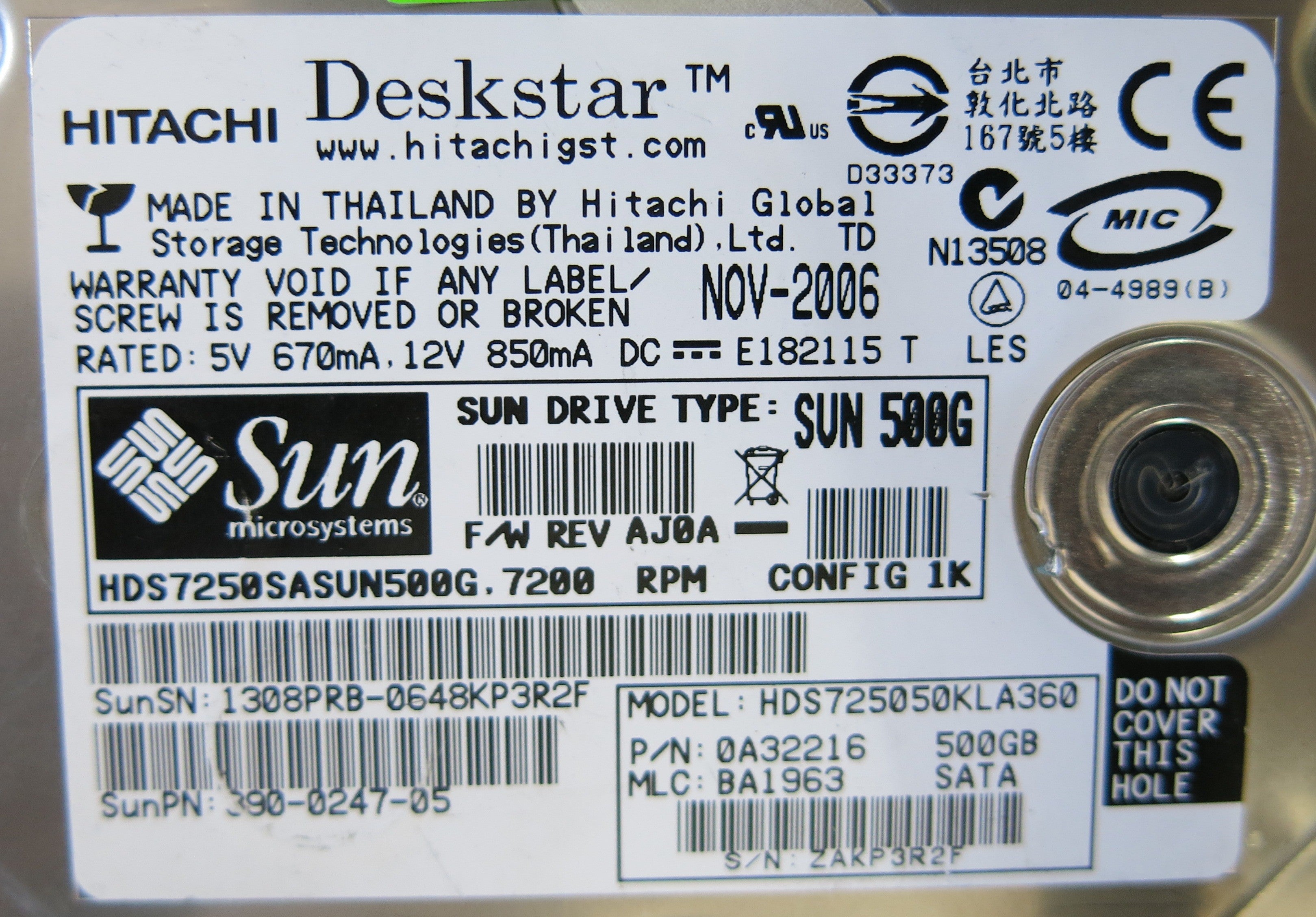 HITACHI HDS725050KLA360 P/N0A32216 FW REV AJ0A B 0A31169 01 PCB
