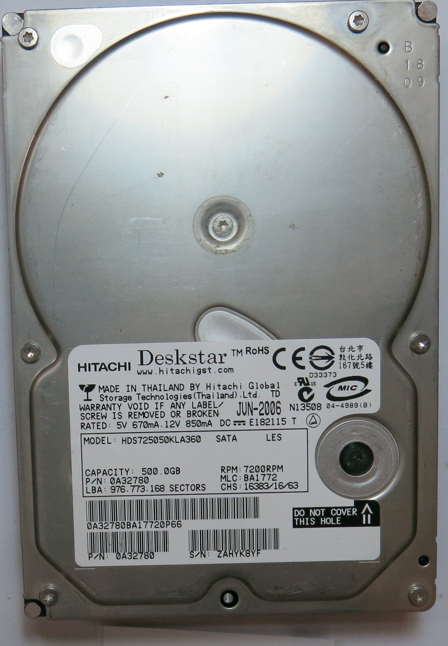 HDS725050KLA360  PCB:  F 0A31169 01 SERIAL NUMBER: ZAHYK8YF 500GB PN:0A32780