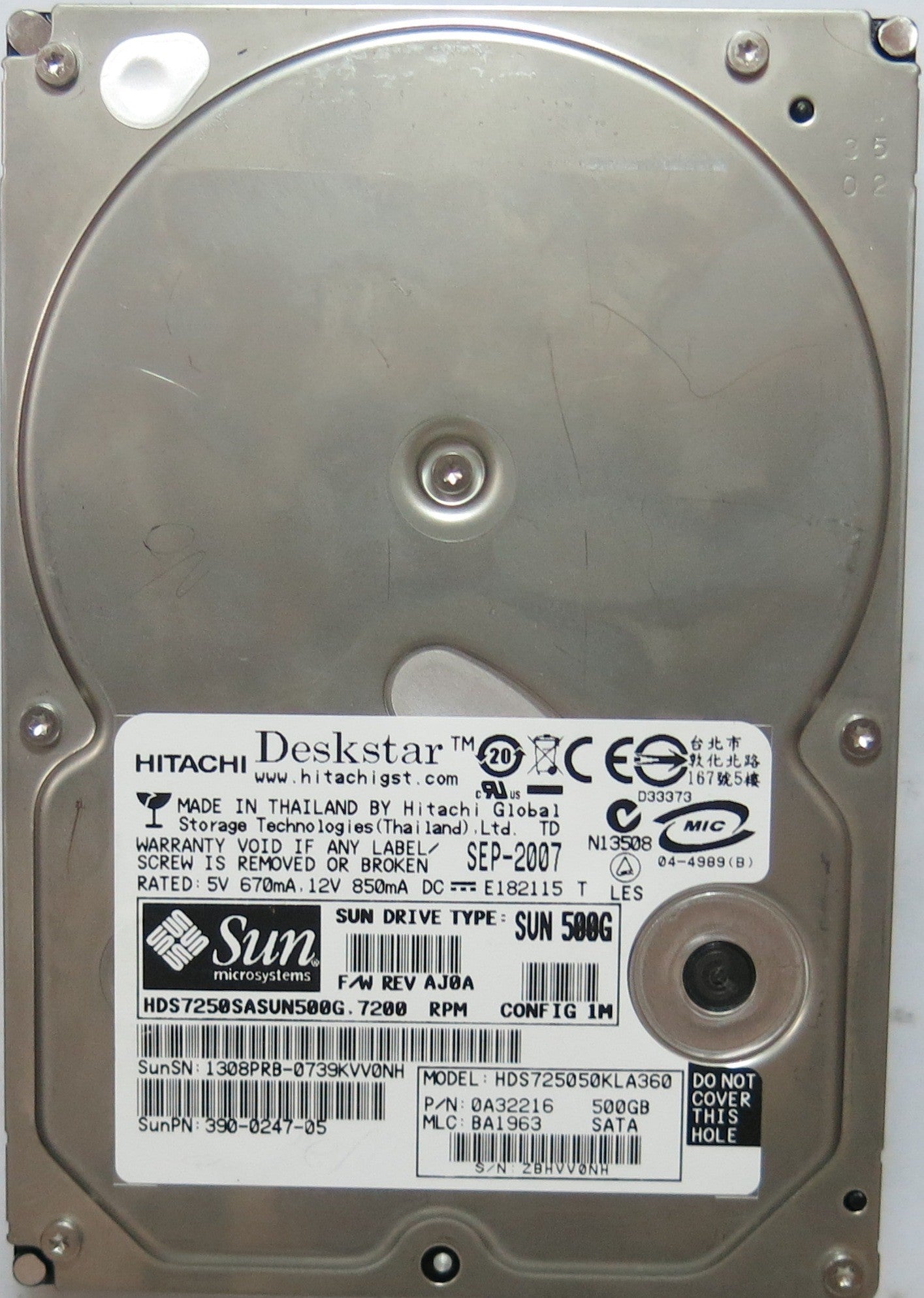 HDS725050KLA360 PCB: F 0A31169 01 SERIAL: ZBHVV0NH MLC: BA1963 PN 0A32216  FW BA1963  500,GB