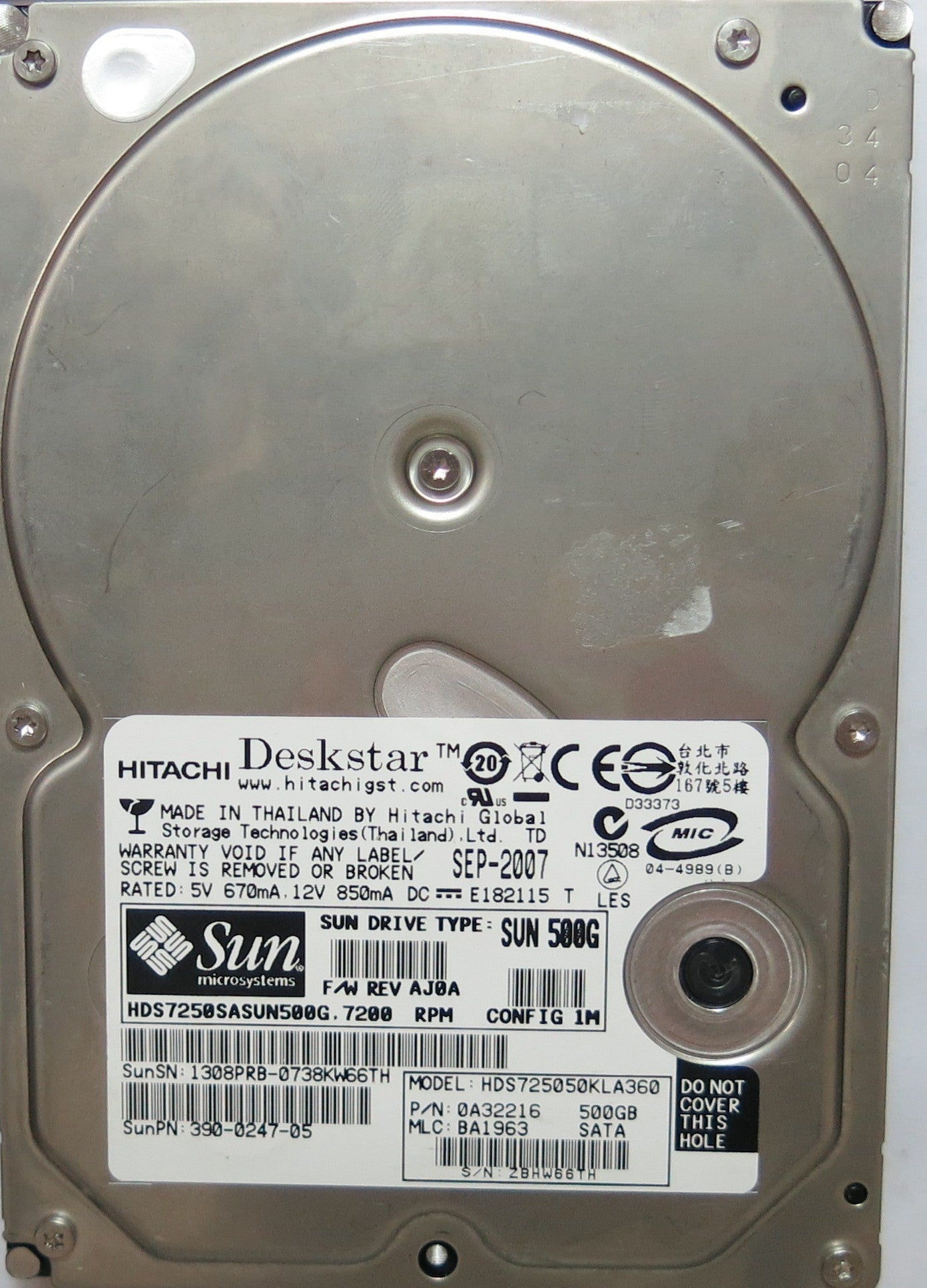 HDS725050KLA360 PCB: F 0A31169 01 SERIAL ZBHW66TH MLC BA1963 PN 0A32216  FW BA1963  500,GB