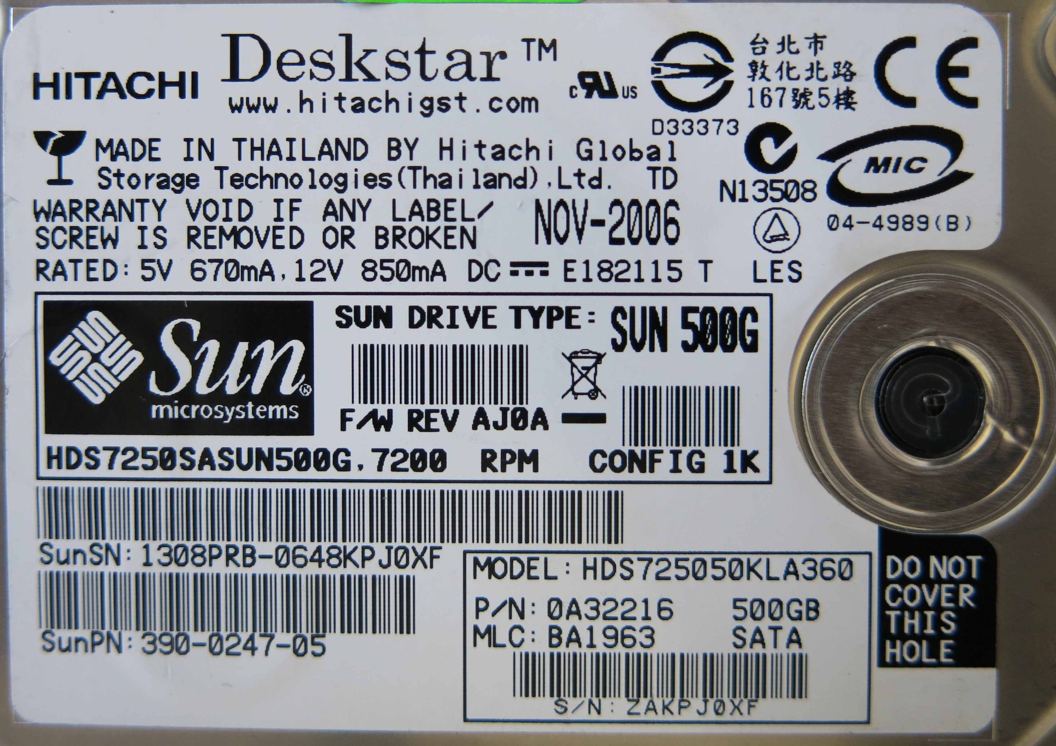 HITACHI HDS7250KLA360 P/N 0A32216 F 0A31169 01 PCB