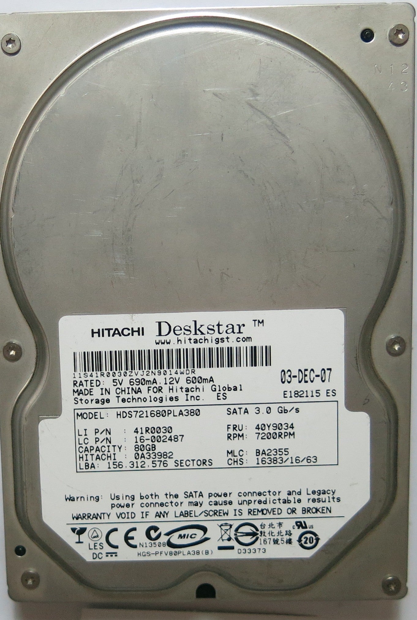 HDS72680PLA380 PCB: F 0A29531 01 SERIAL PVE241 MLC: BA2355 FW BA2355  80,GB