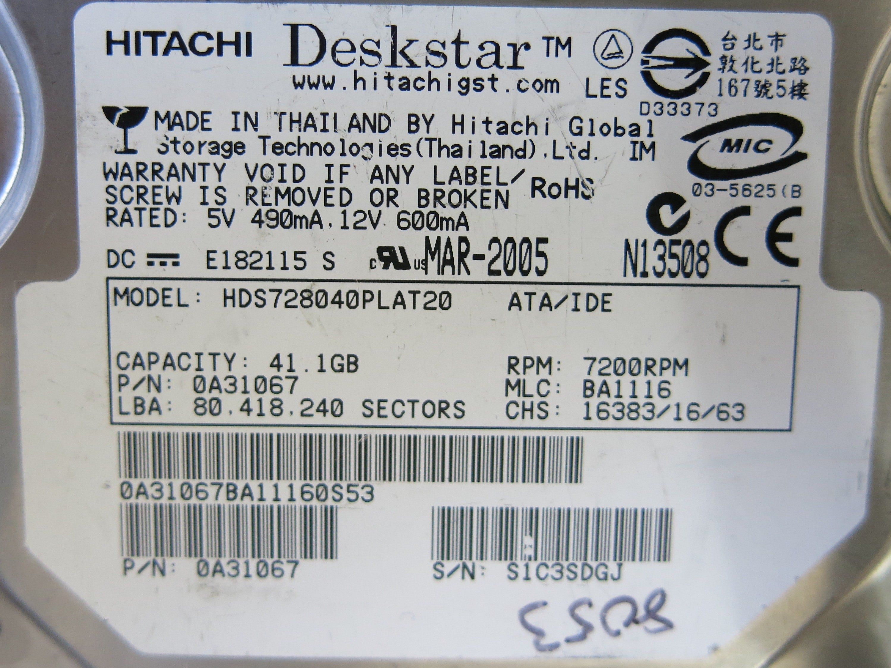 HITACHI HDS728040PLAT20 P/N 0A31067 B 0A30270 01 PCB
