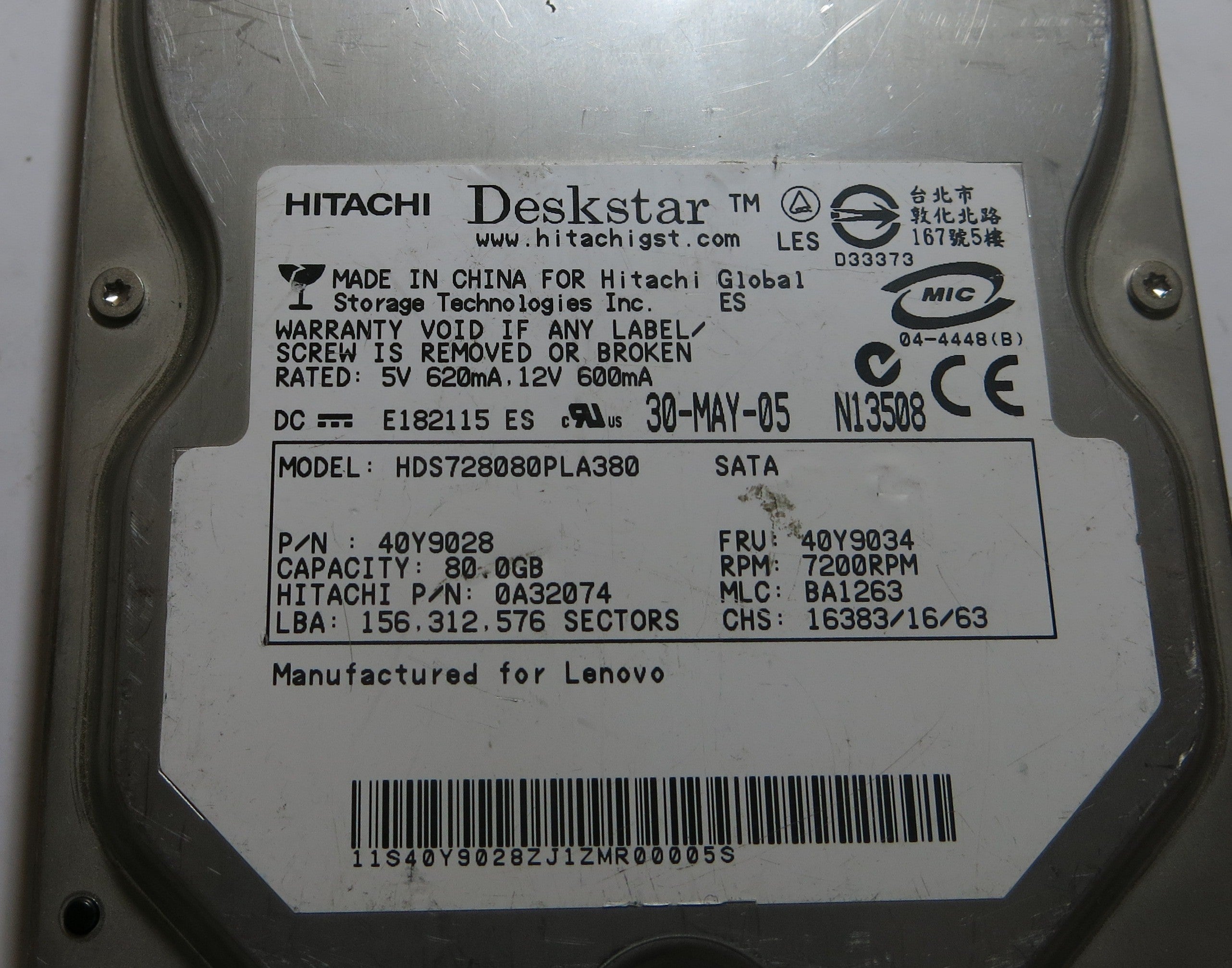HITACHI HDS728080PLA380 BA1263 F 0A30363 01 PCB