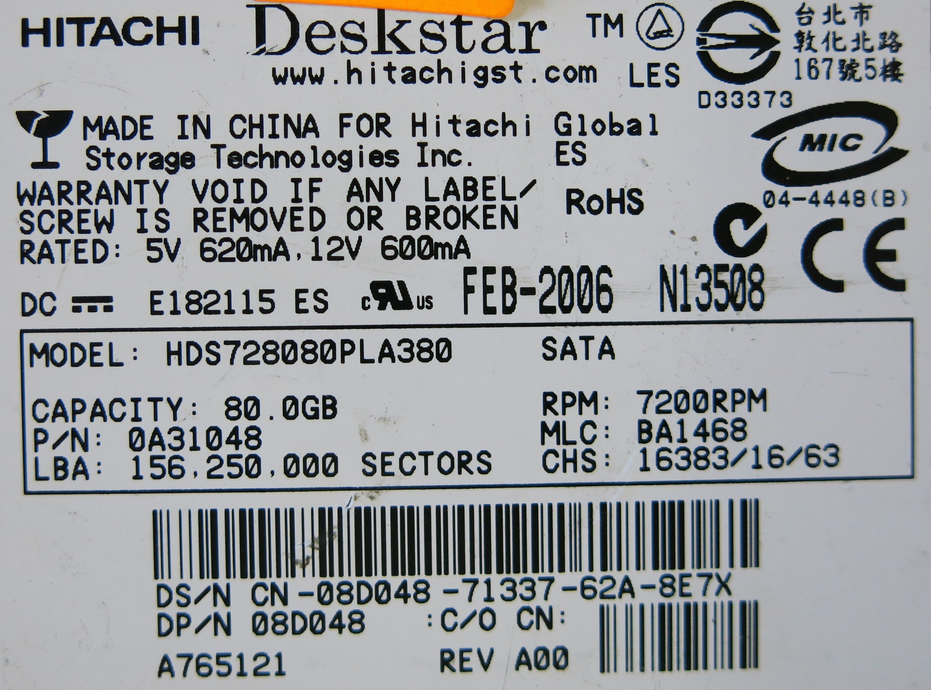 HITACHI HDS728080PLA380 F 0A30363 01 PCB