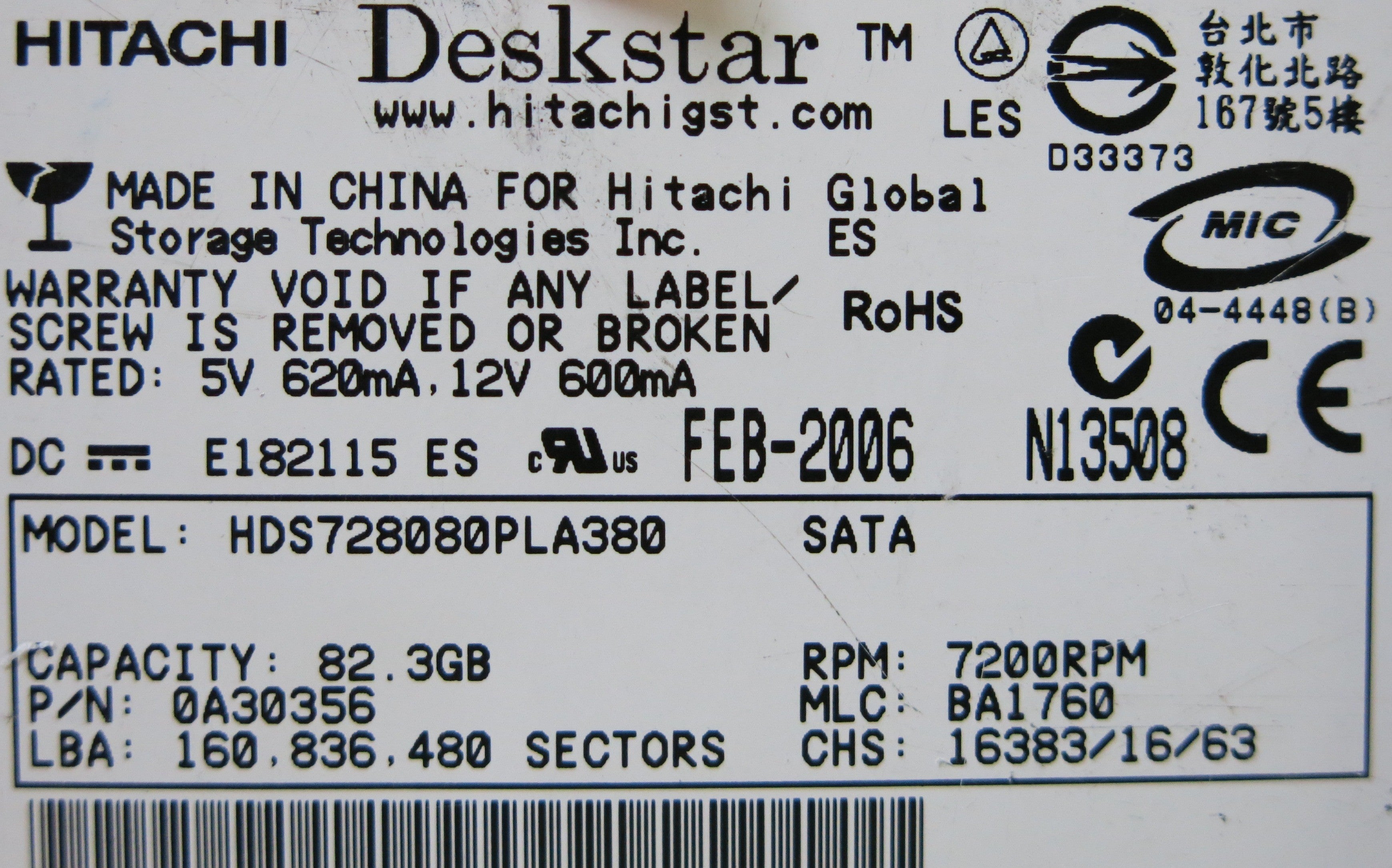 HITACHI HDS728080PLA380 F 0A30363 01 PCB