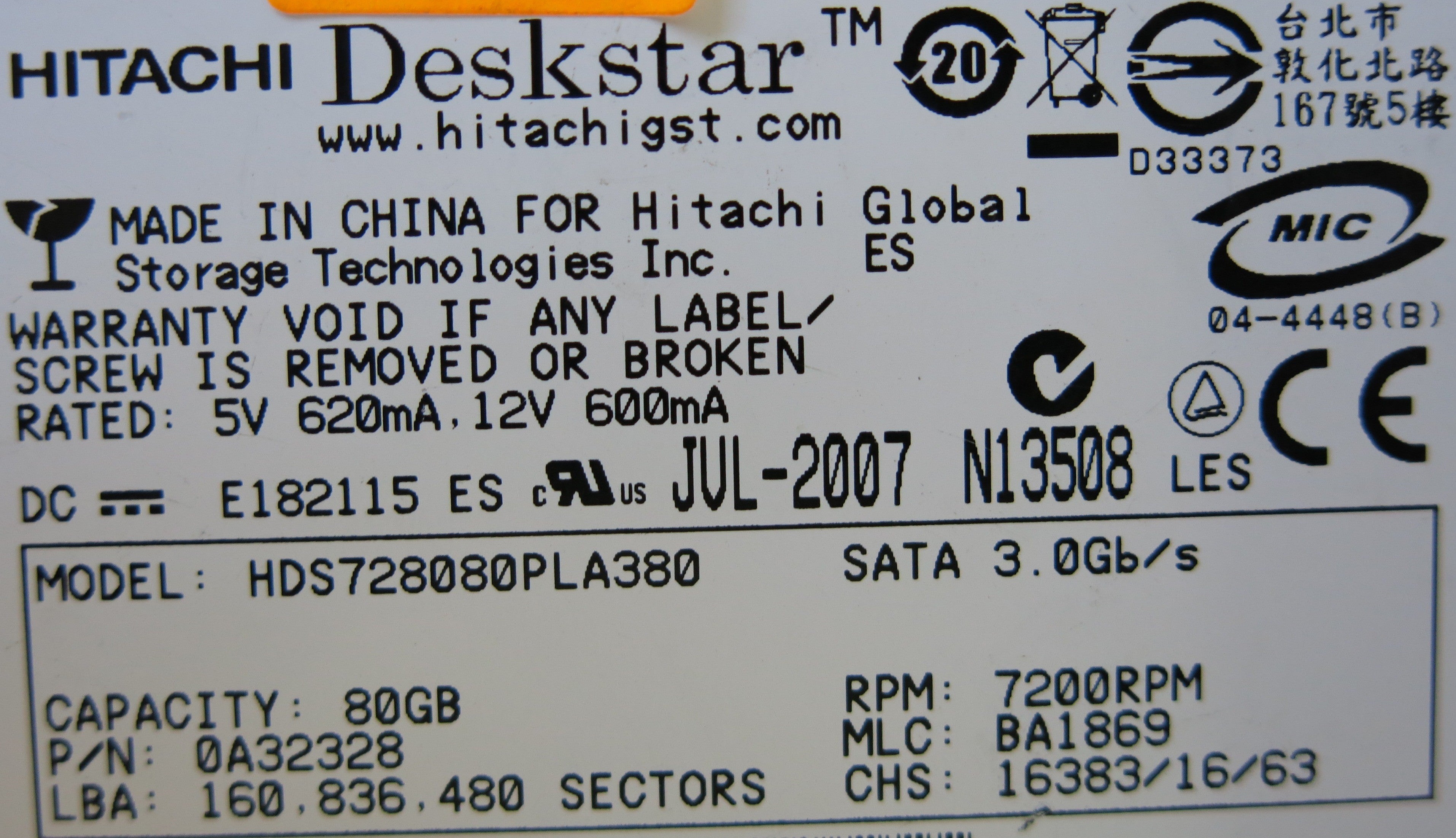 HITACHI HDS728080PLA380 F 0A30363 01 PCB