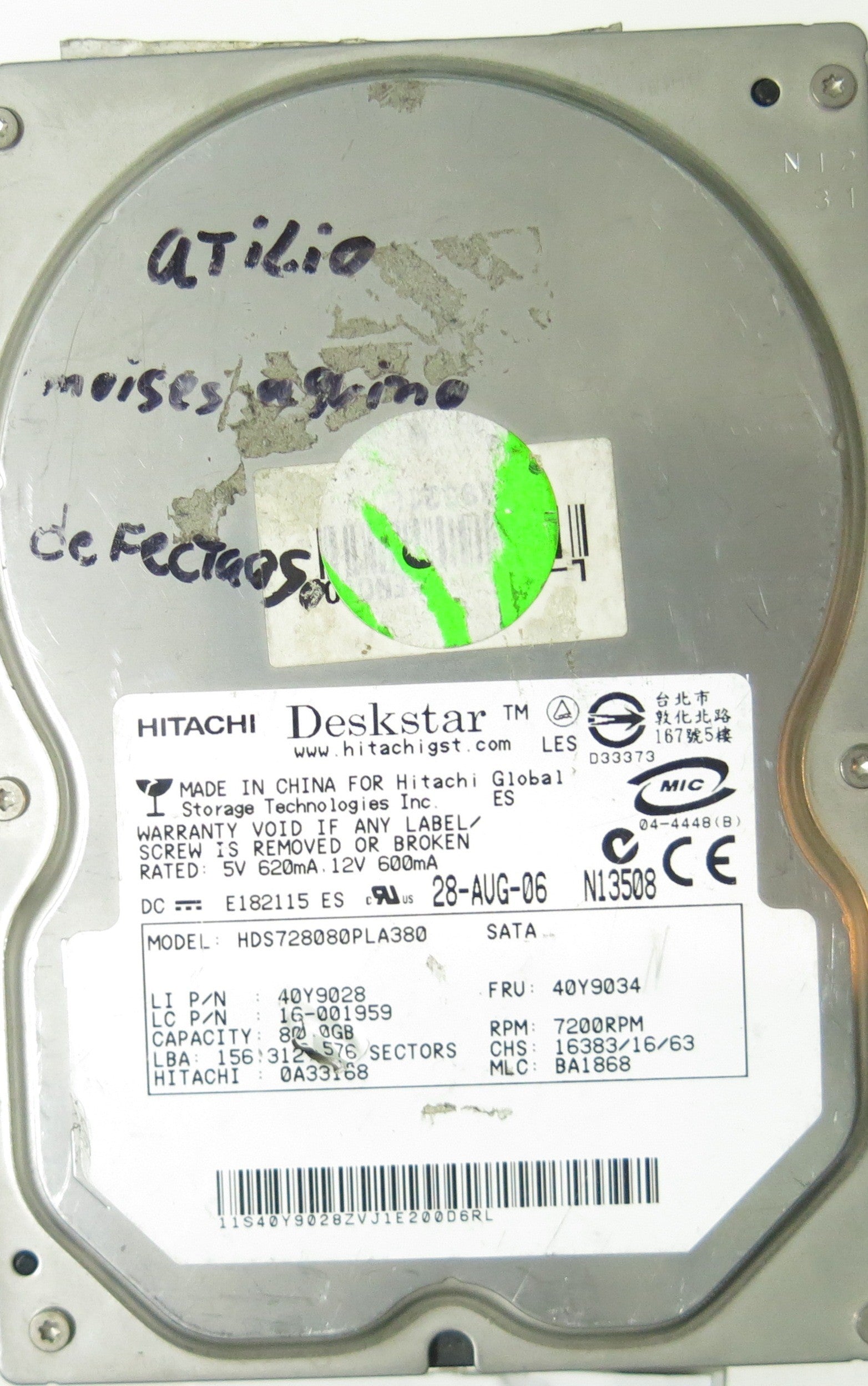 HDS728080PLA380,  Serial:0A33051,  80GB 3.5,  PCB:F 0A30363 01- REV A
