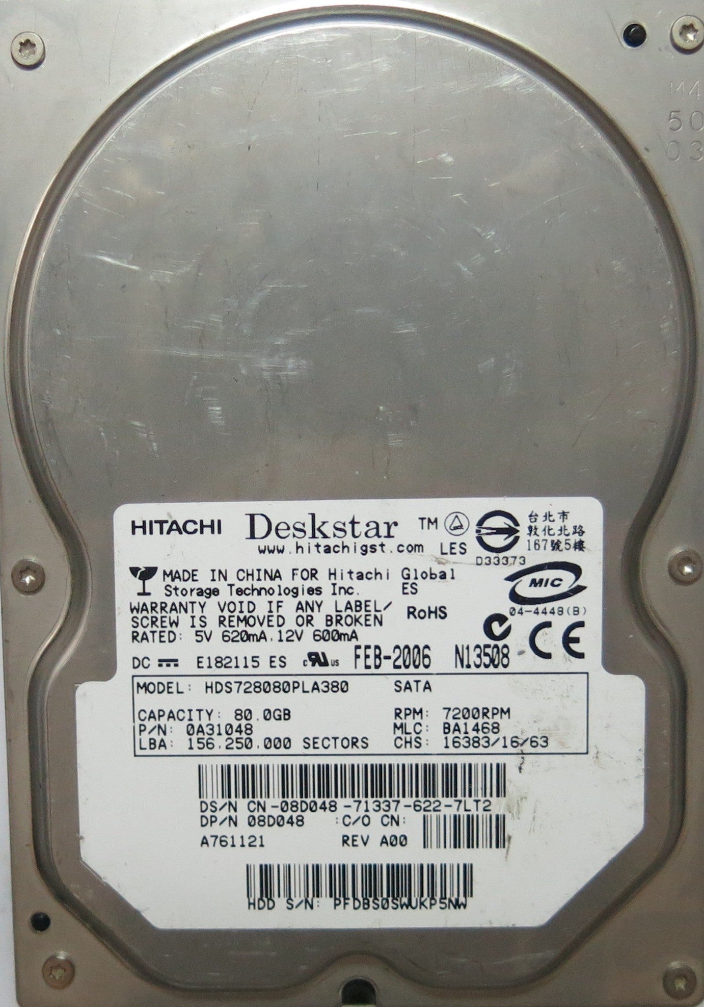 HDS728080PLA380 PCB: F 0A30363 01 SERIAL PFDBS0SWUKP5NW MLC BA1468 PN 0A3148  FW BA1468  80,GB