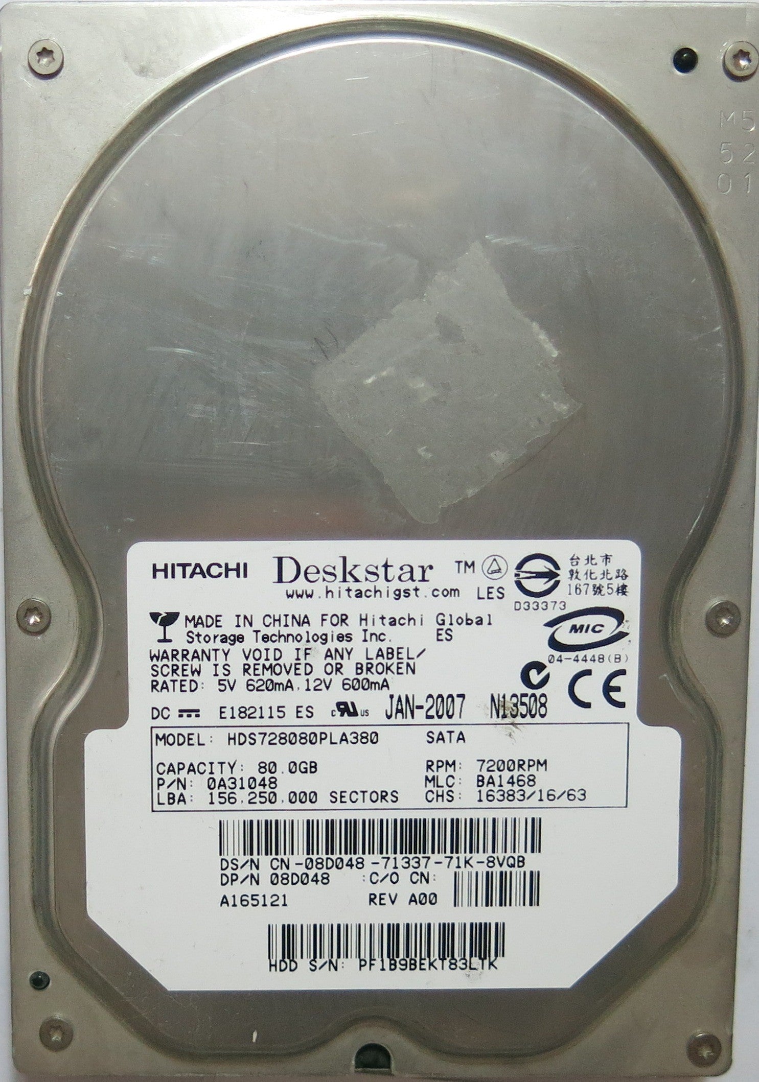HDS728080PLA380 PCB: F 0A30363 01 SERIAL PF1B9BEKT83LTK MLC BA1468 PN 0A3148  FW BA1468  80,GB