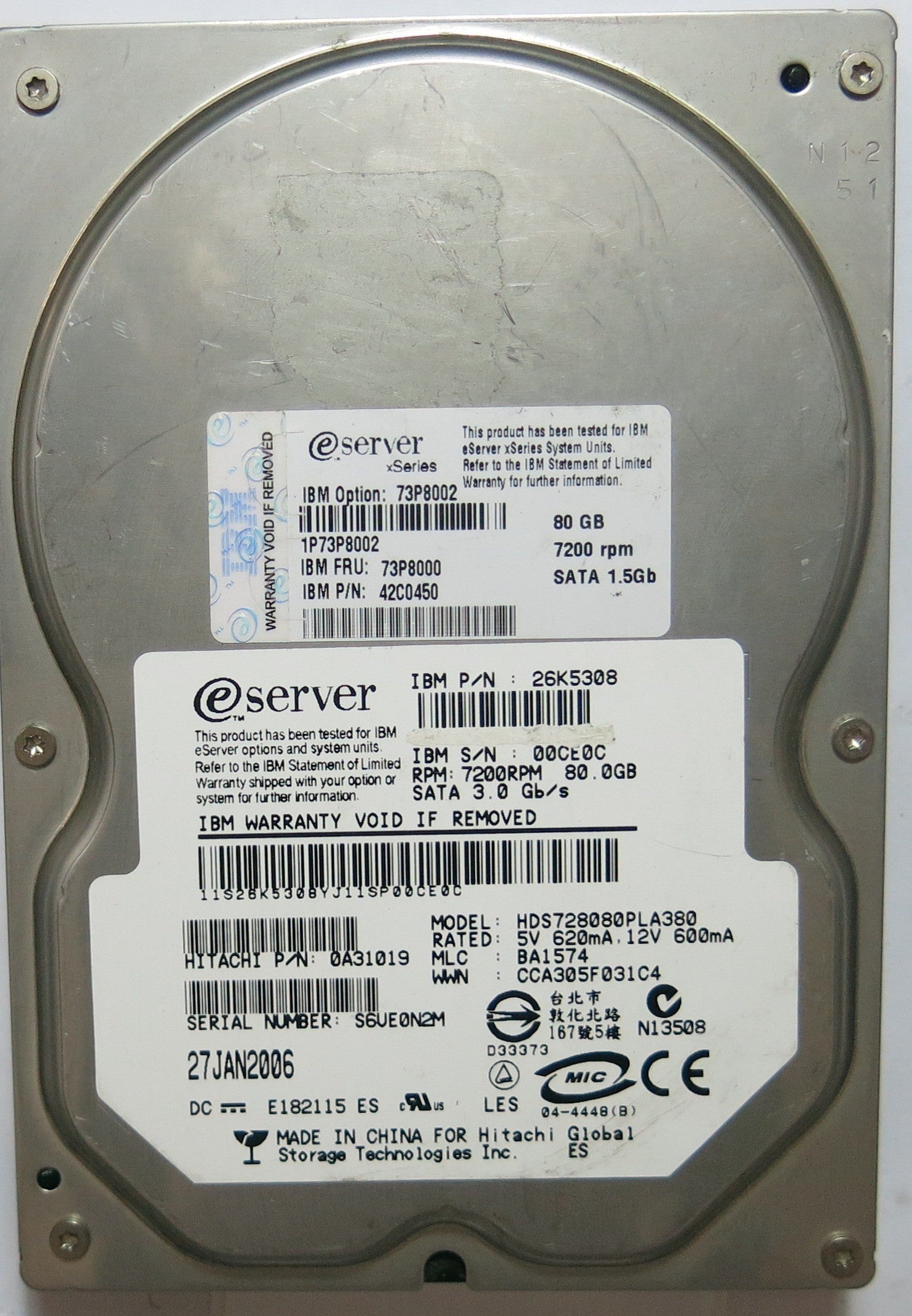 HDS728080PLA380 PCB: F 0A30363 01 SERIAL: S6UE0N2M MLC: BA1574 FW BA1574  80,GB