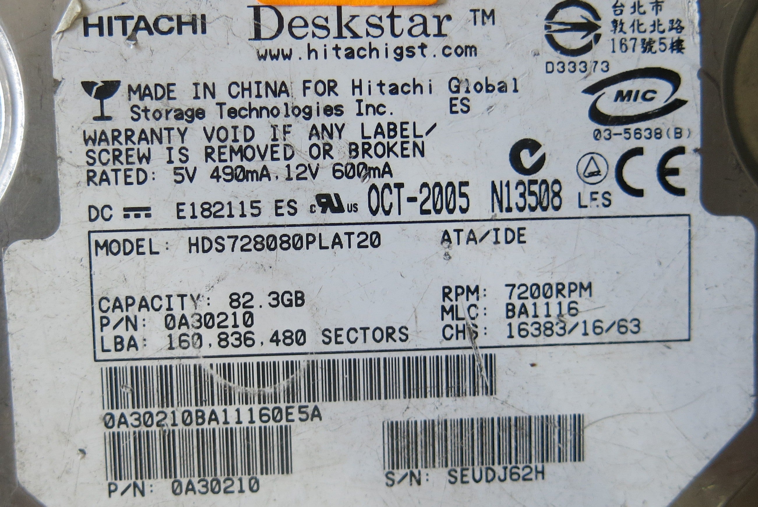 HITACHI HDS728080PLAT20 F 08K1978 01 PCB